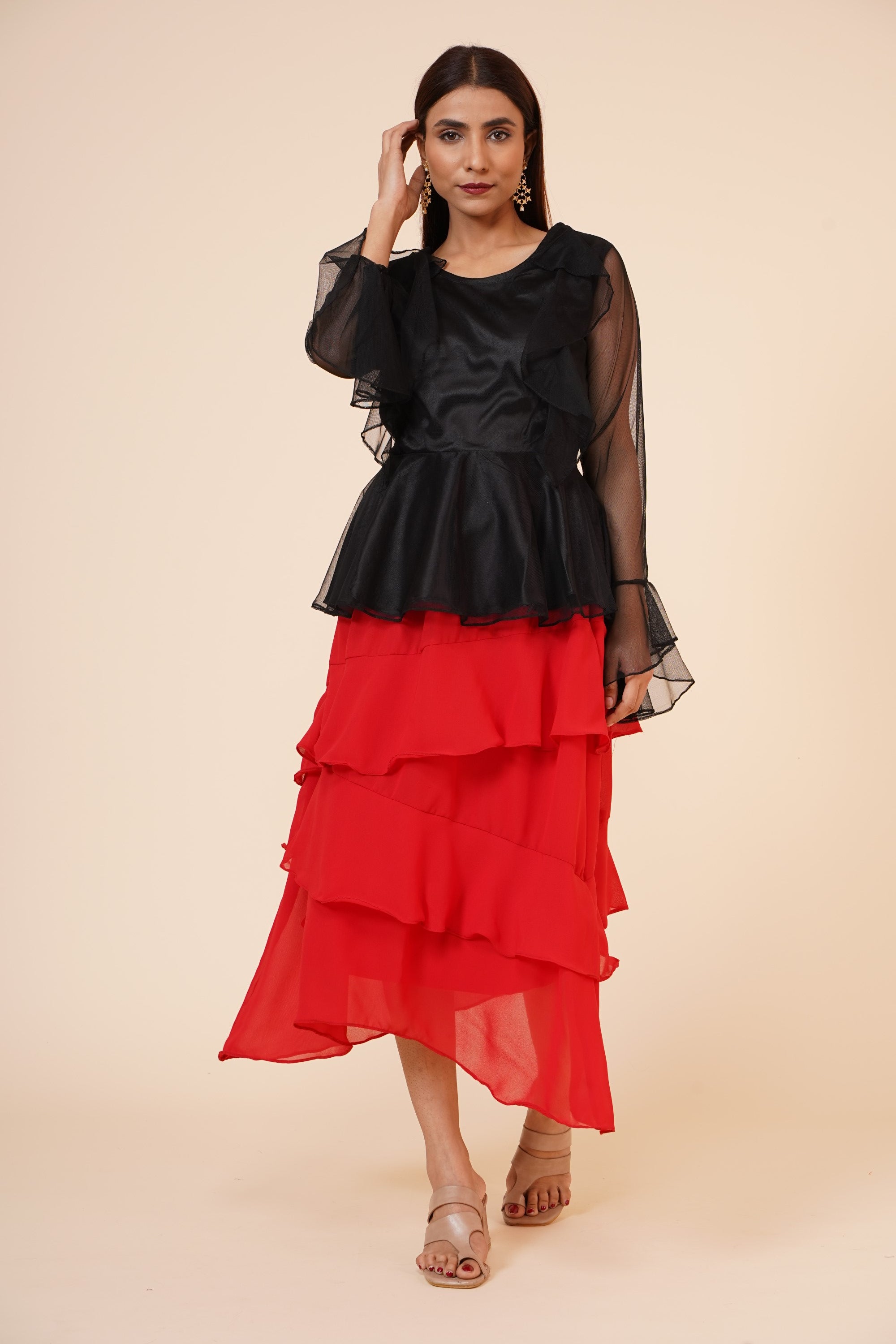 Women's Net Party Long Ruffle Sleeves Top In Black