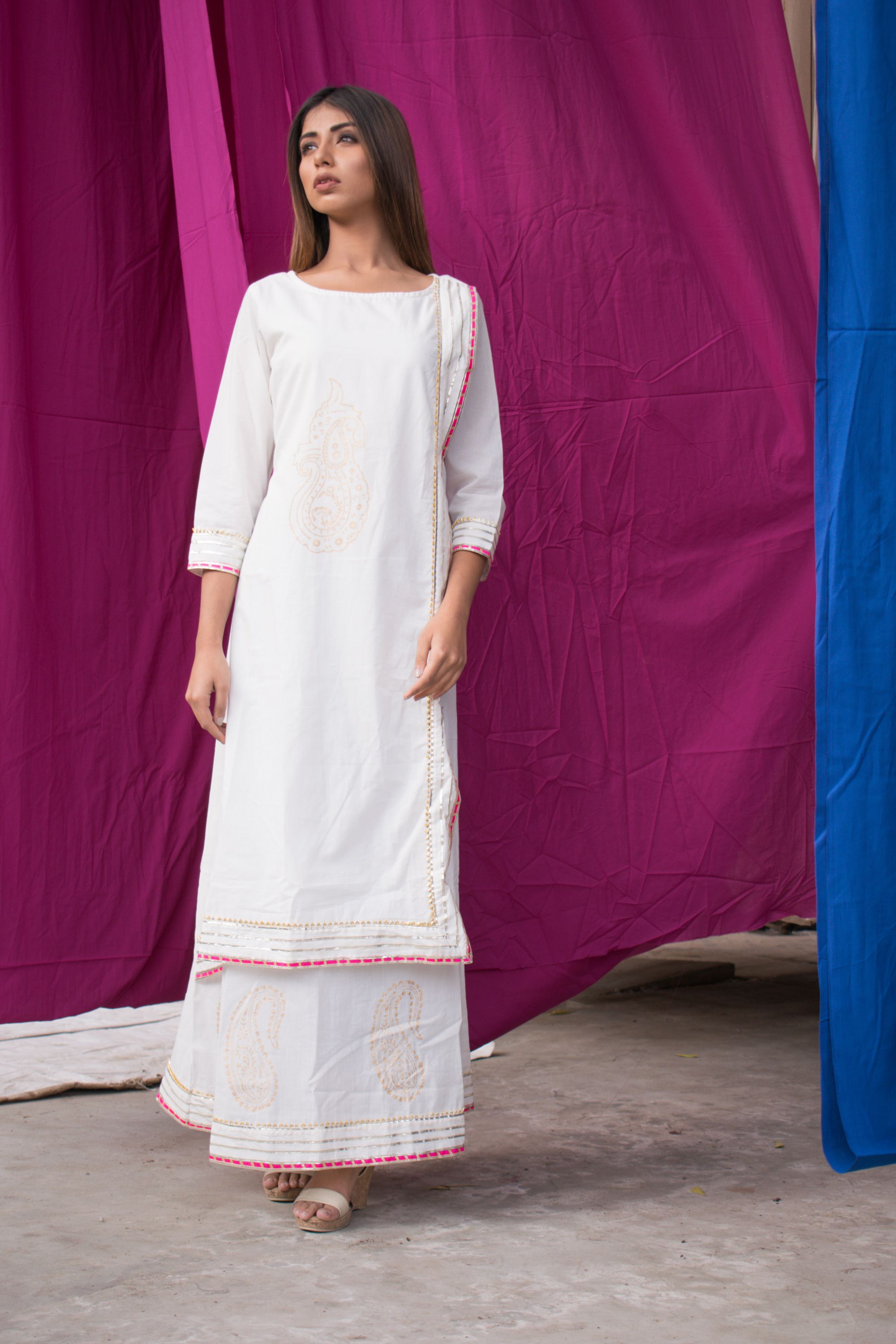 Women's Single-Piece White Cotton Dress With Hand Block Printed Motifs.