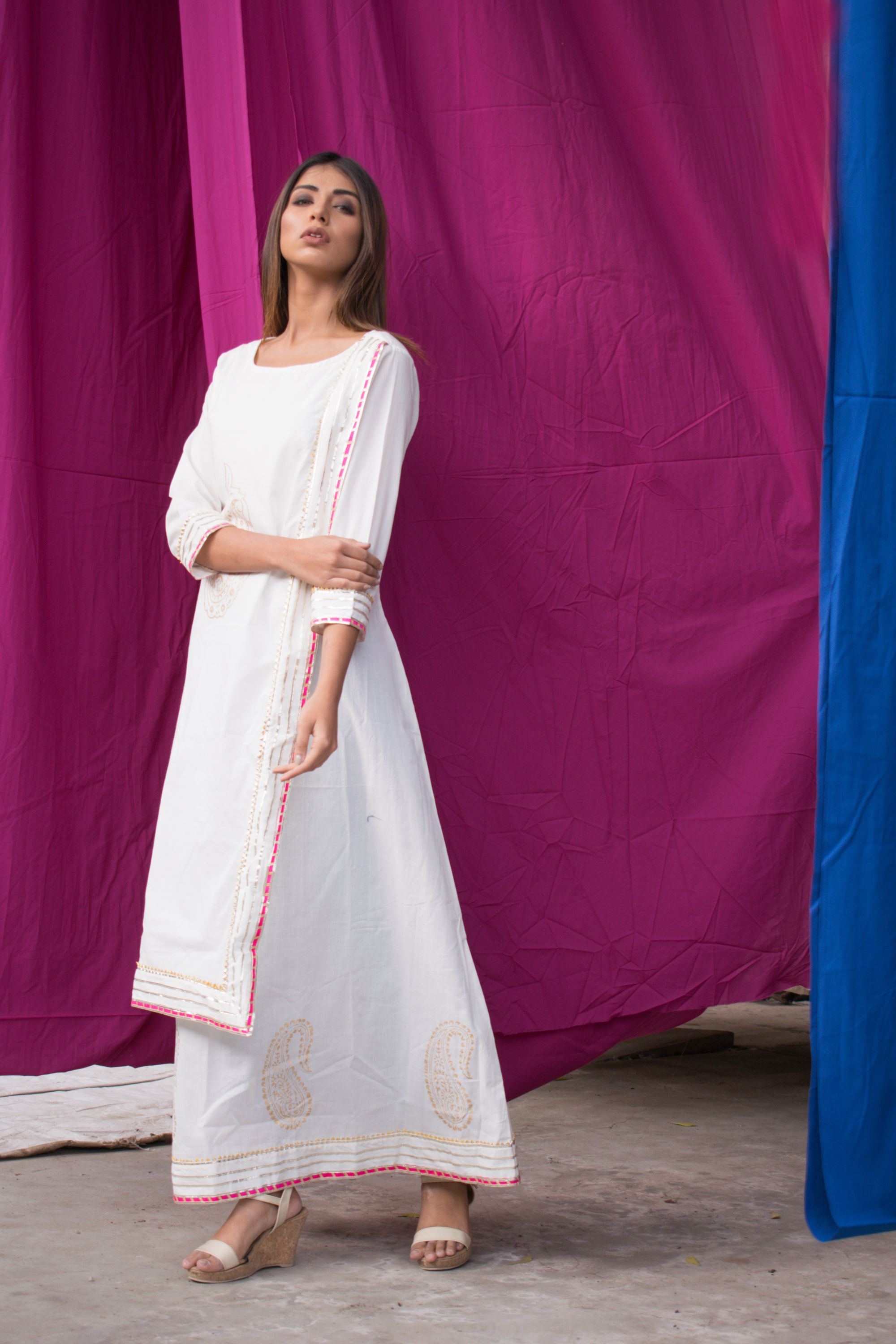 Women's Single-Piece White Cotton Dress With Hand Block Printed Motifs.