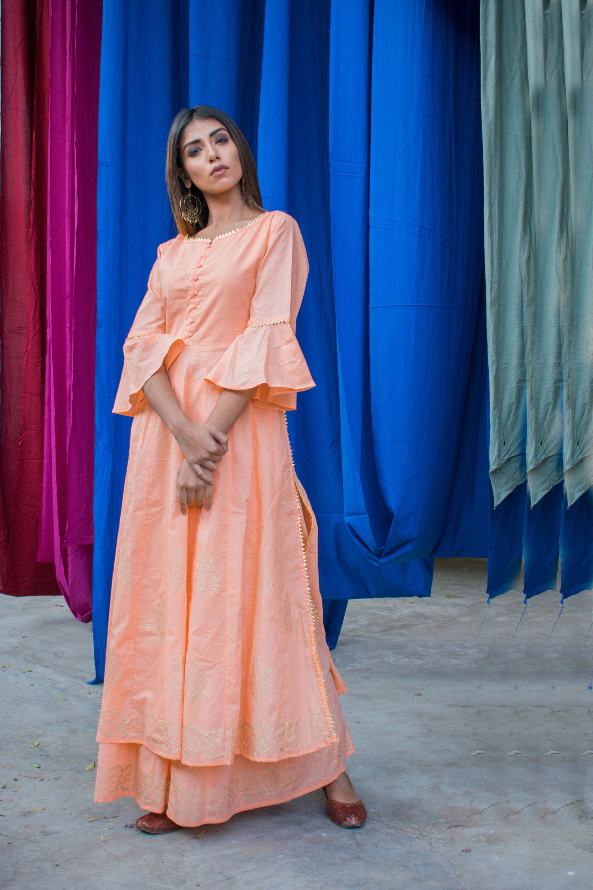 Women's Peach Golden Print Kurta With Palazzo