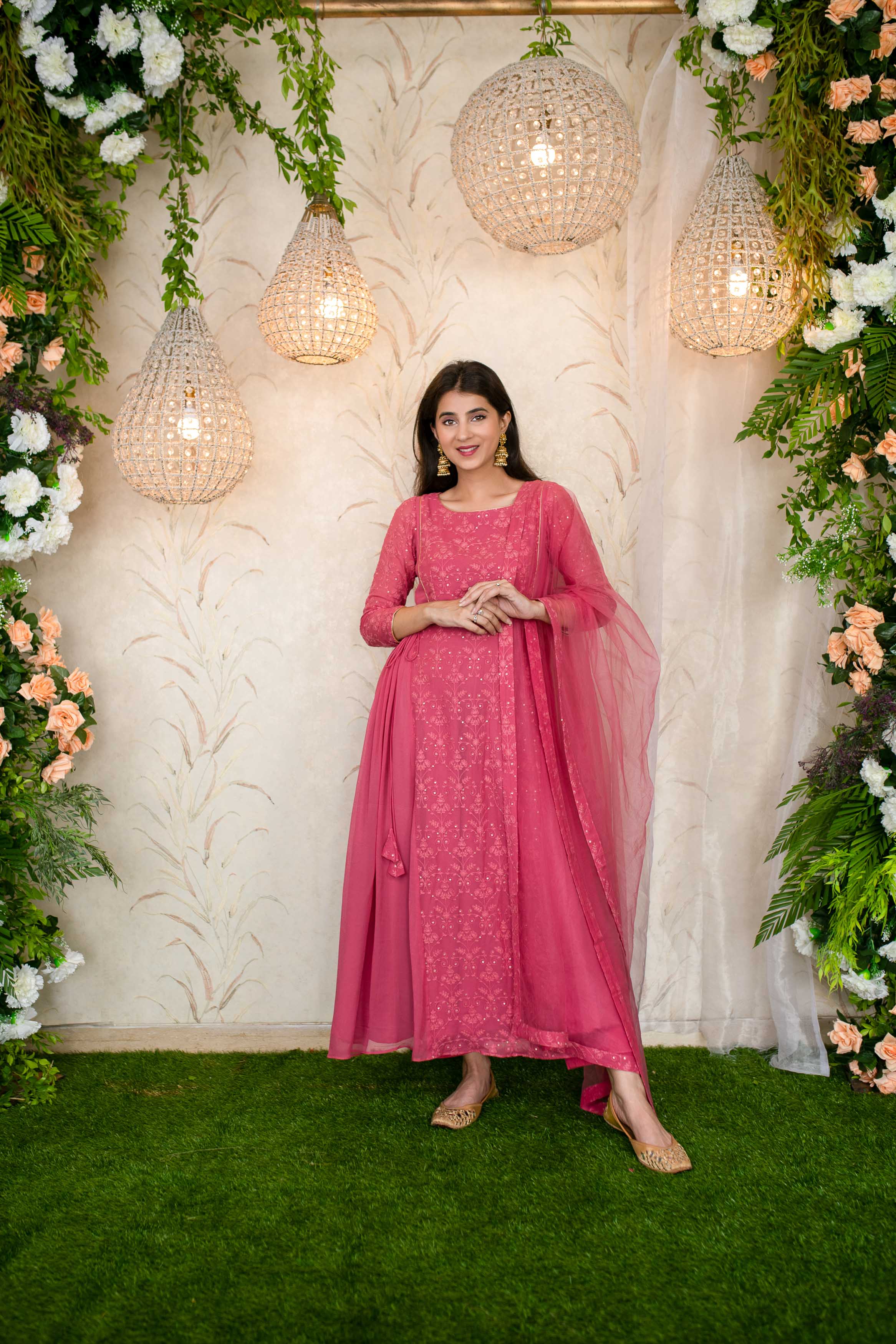 Women's Blush Pink Gathered Long Anarkali