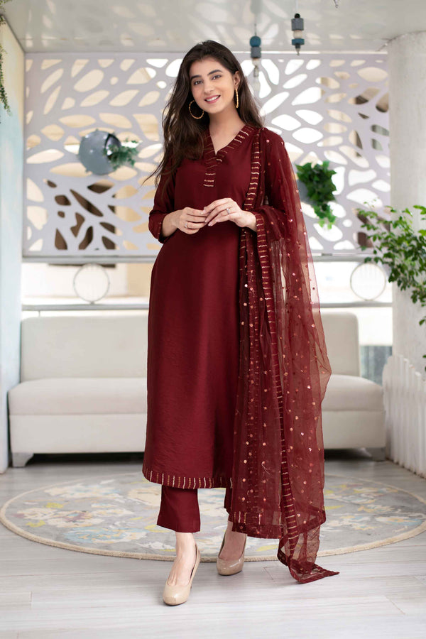 Women's Maroon Embellished Kurta Set (3 Pc Set)