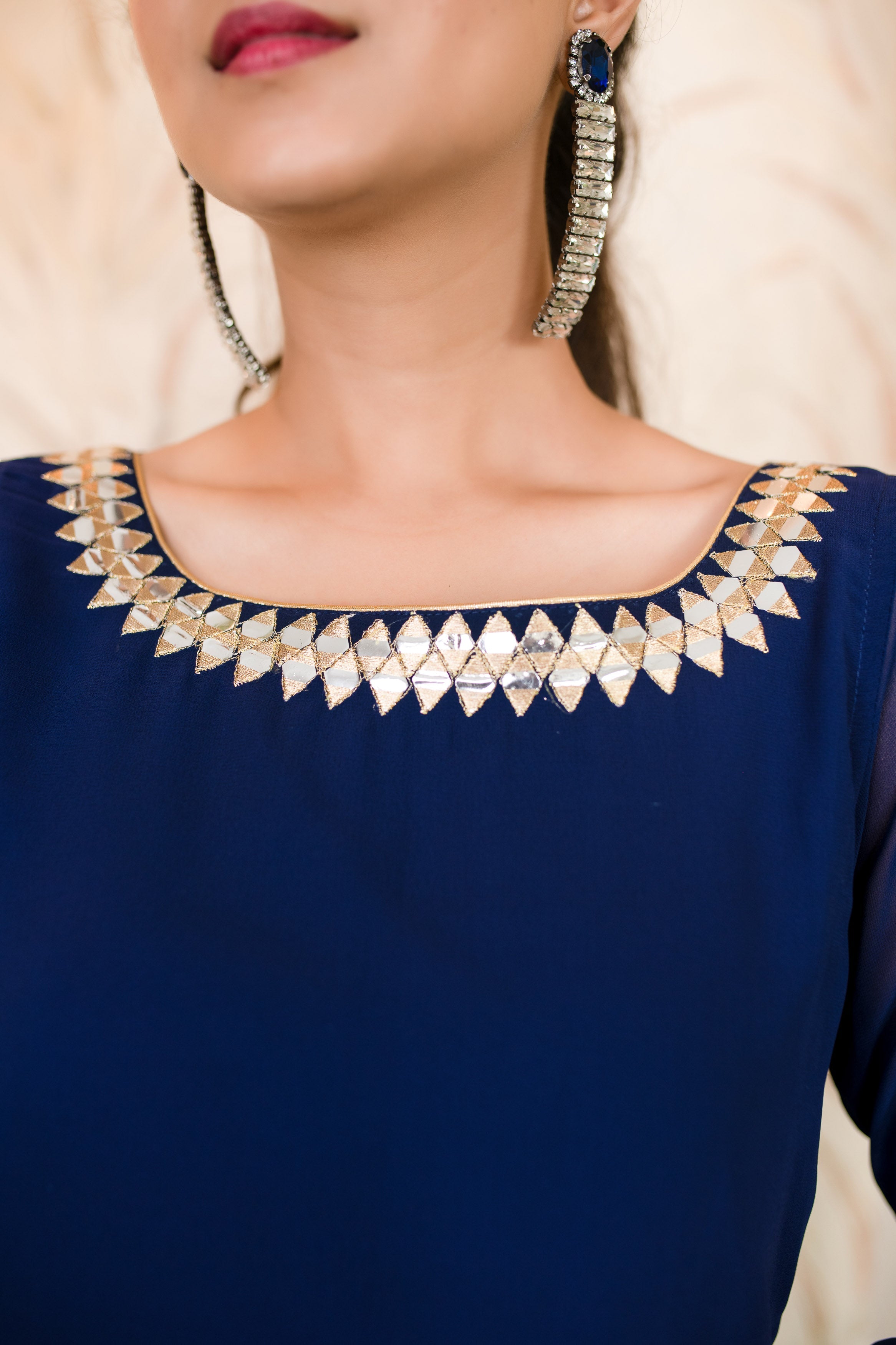 Women's Ink Blue Hand Mirror Work Kurta