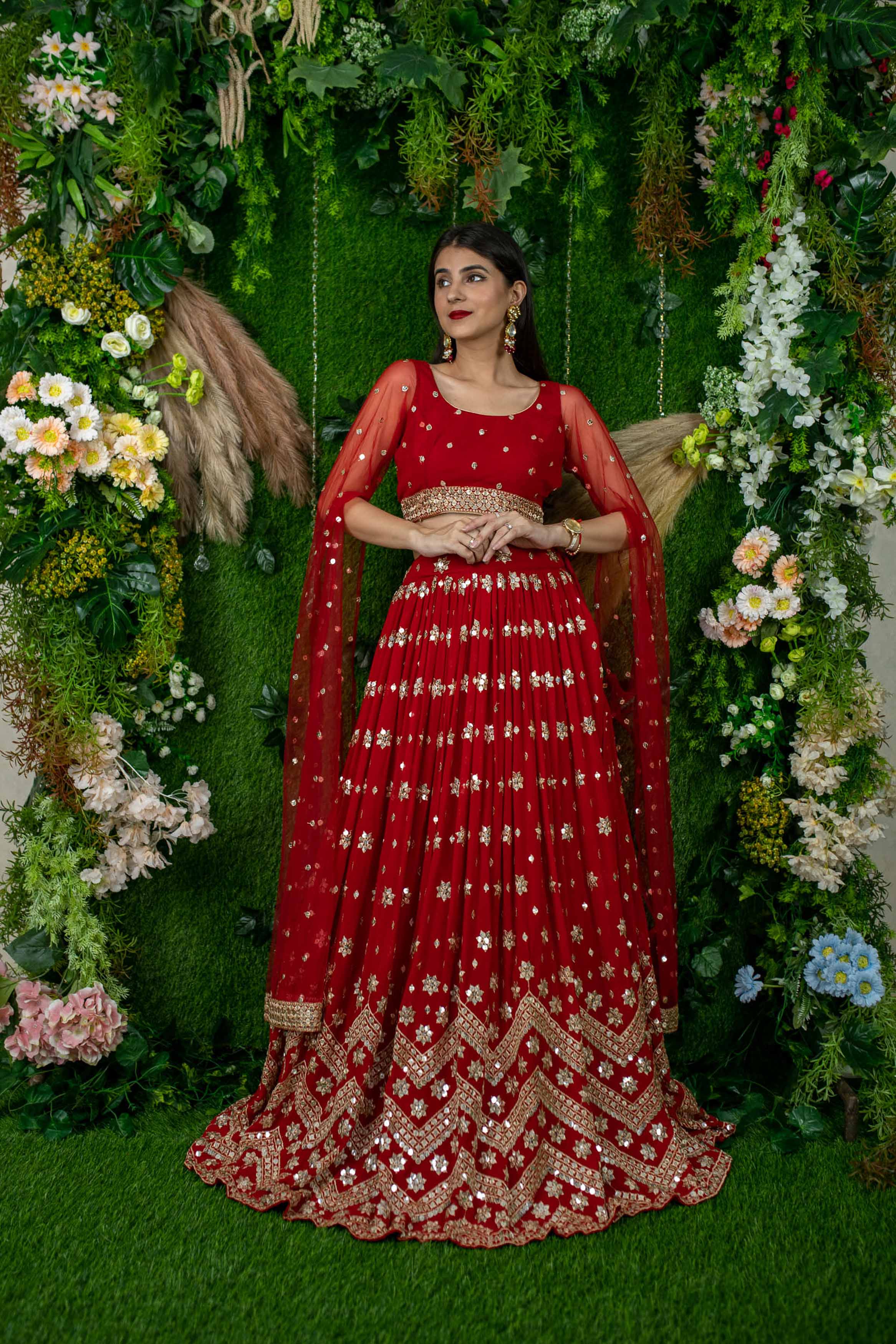 Women's Red And Gold Lehenga Cape Sleeves