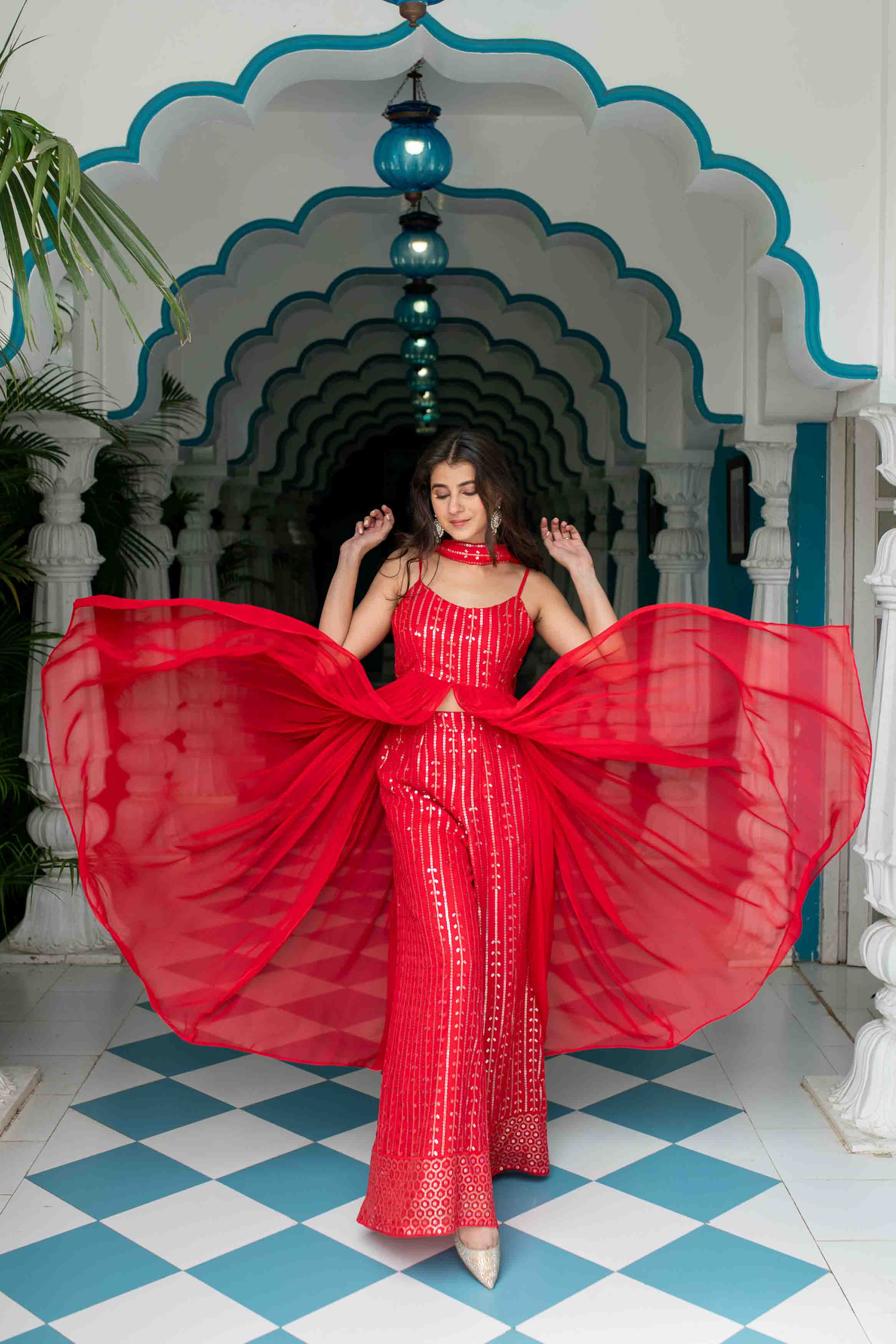 Women's Red Long slit top with palazzo