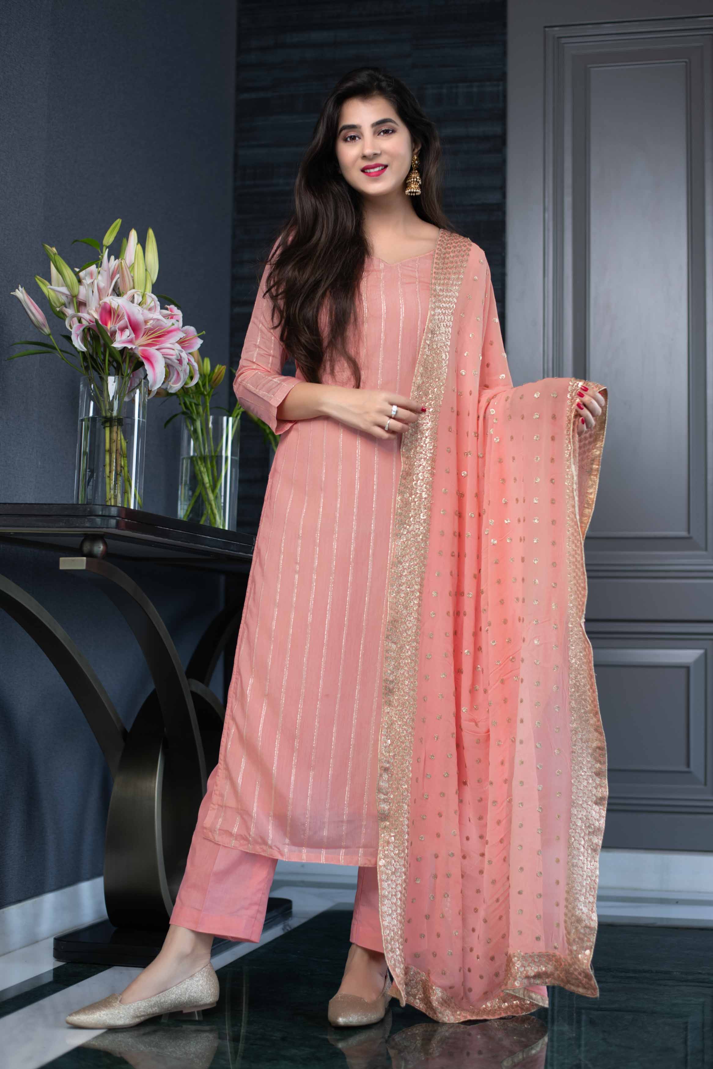 Women's Peach Kurta set With Heavy Dupatta (3pcs Set)