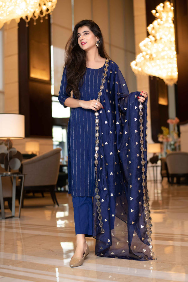 Women's Royal Blue Kurta Set With Organza Dupatta (3pcs Set)