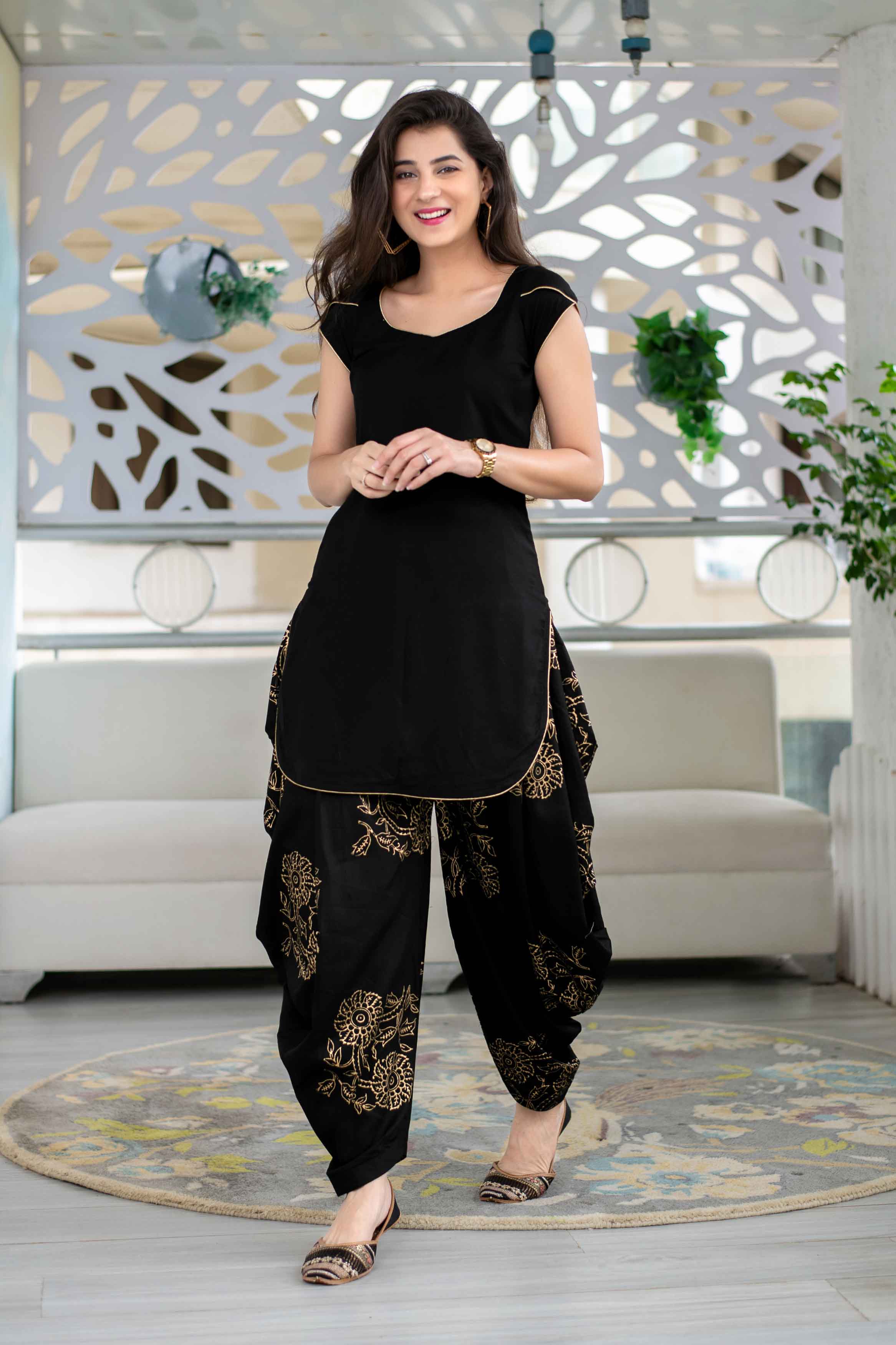 Women's Black Rayon Block Print Kurta Set