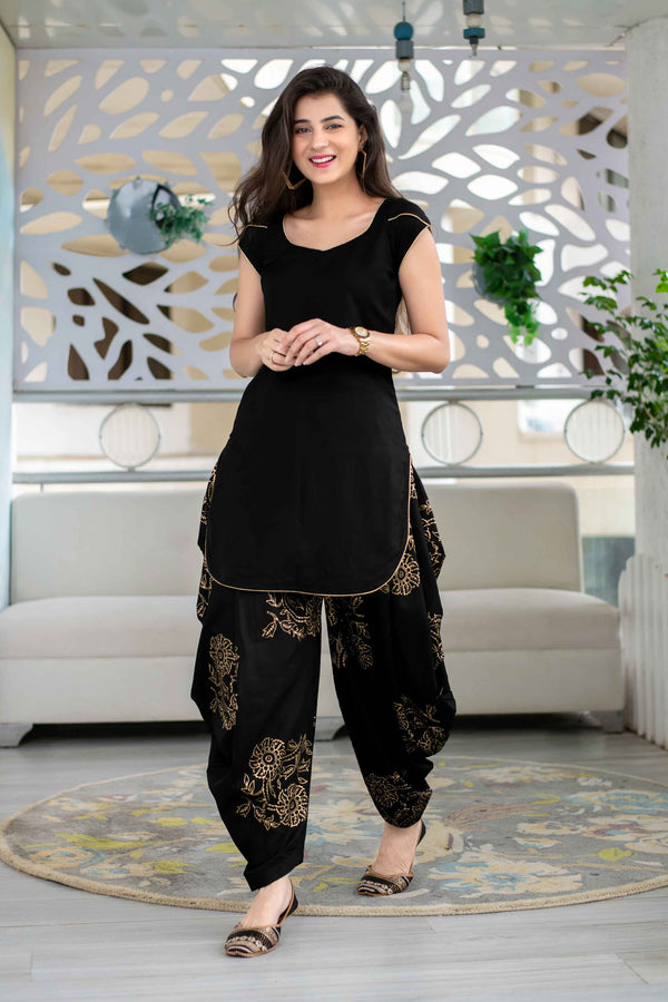 Women's Black Rayon Block Print Kurta Set