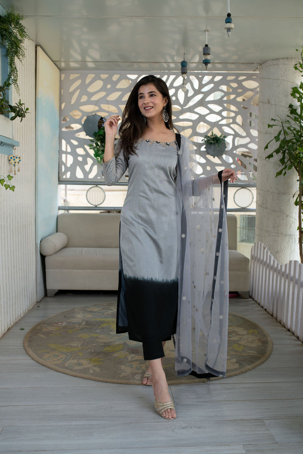 Women's Black And Grey Hand Work Kurta Set (3pcs Set)