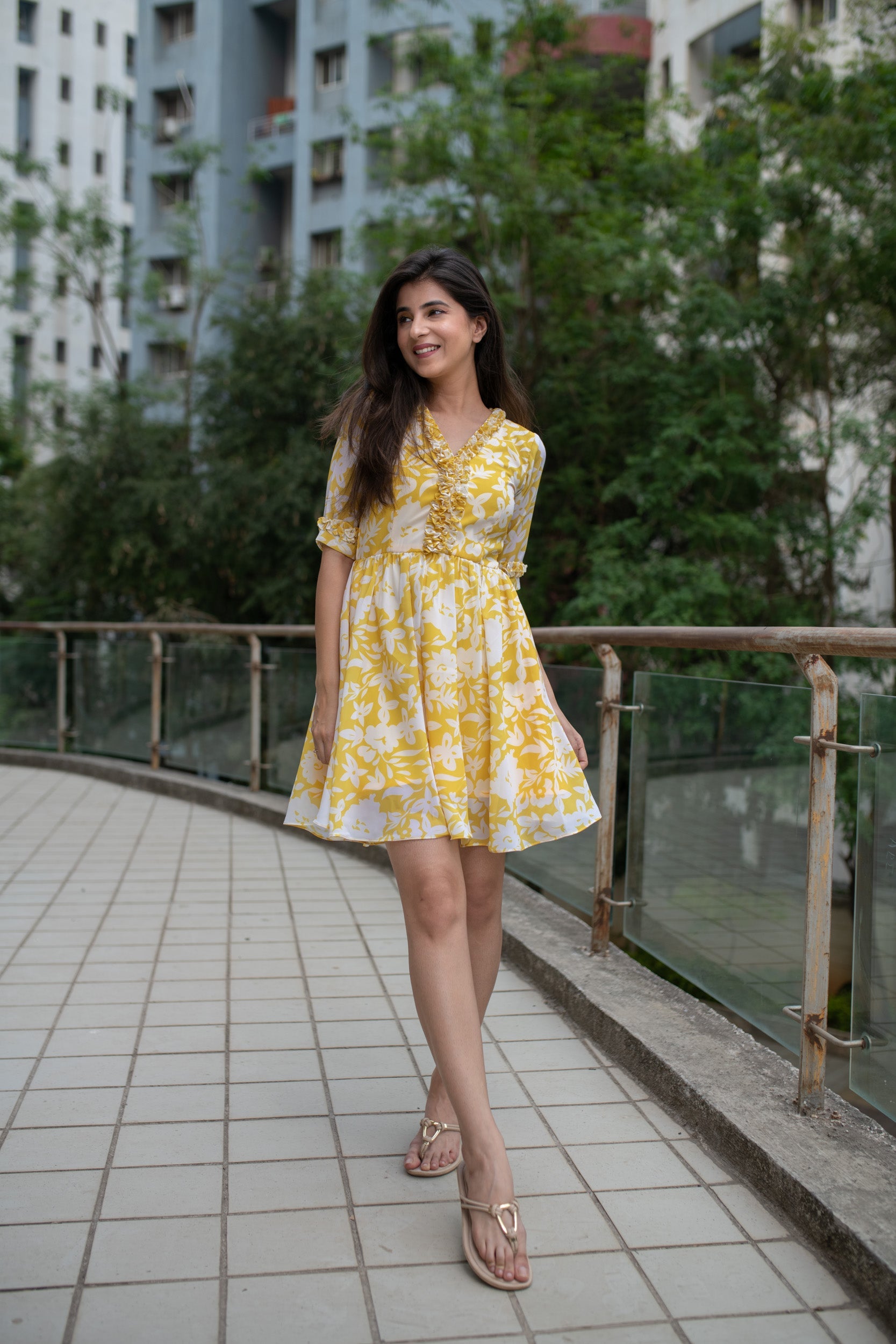 Women's Yellow White Floral Short Dress (1pc)