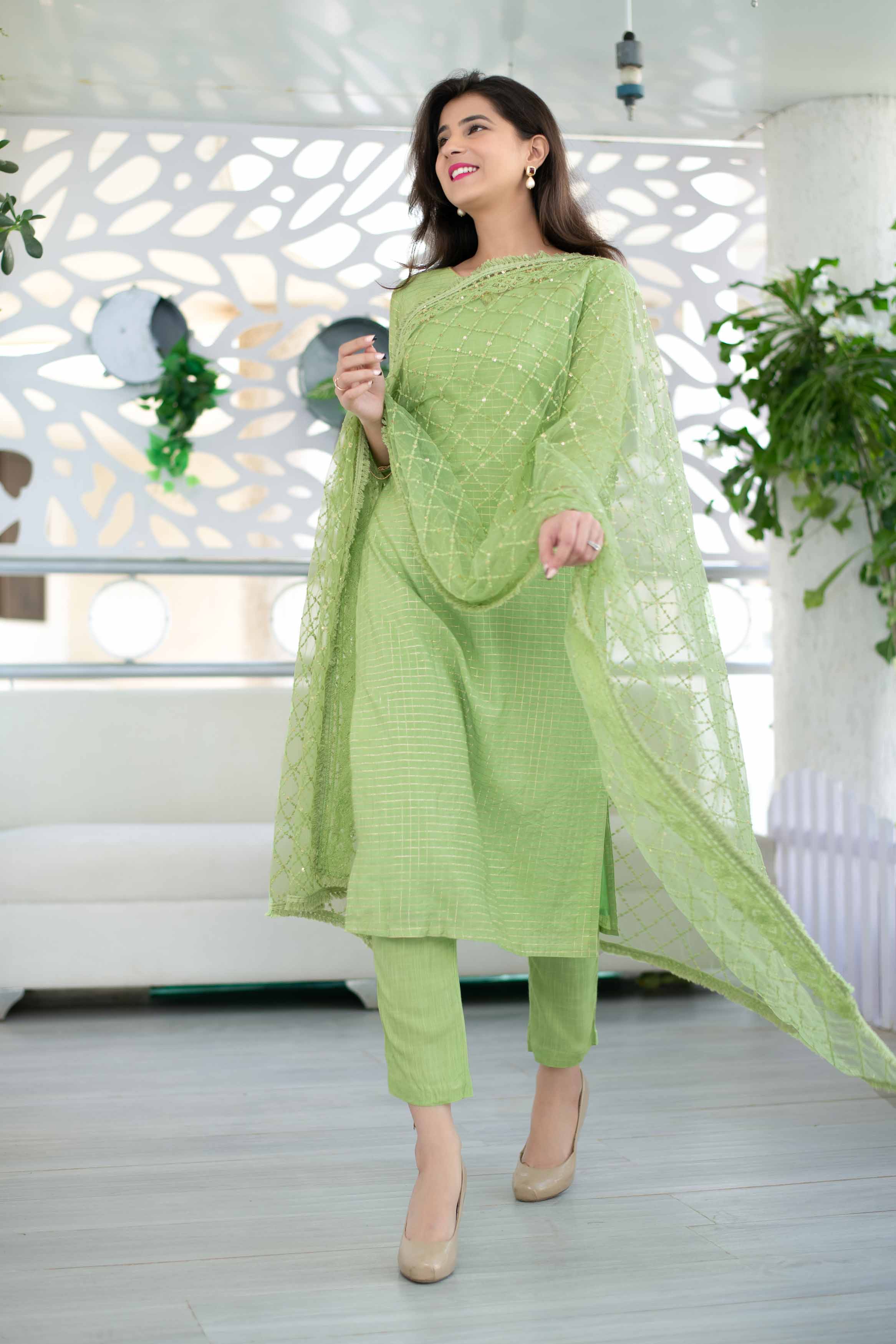 Women's Light Green Chanderi Suit Set With Heavy Net Dupatta (3-Piece Set)