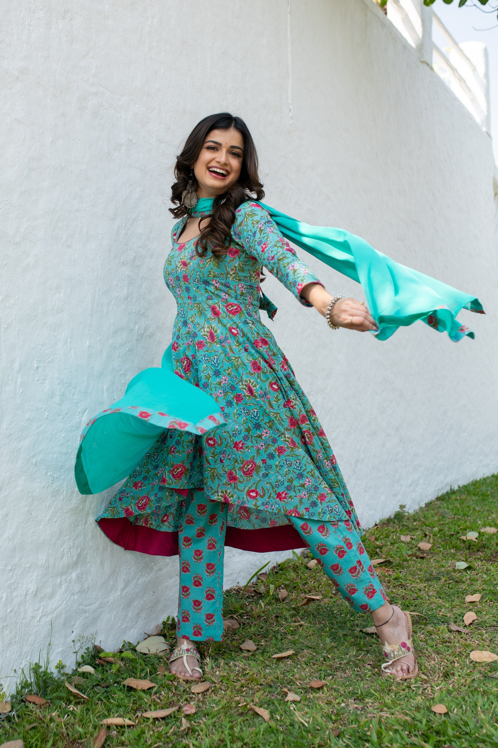 Women's Sea Green Floral Cotton Kurta Set