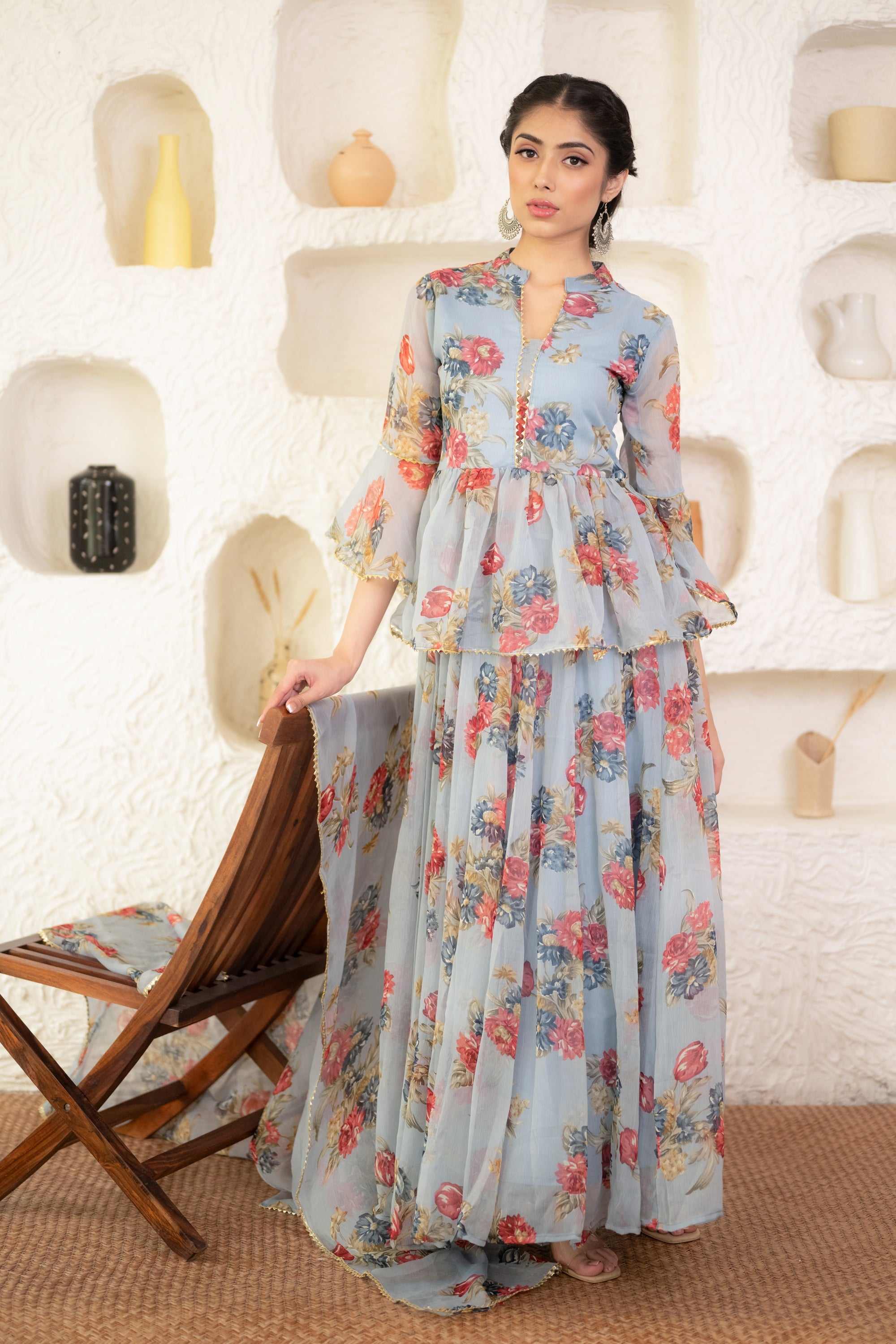Women's Grey Floral Chiffon Lehenga Choli & Dupatta Set