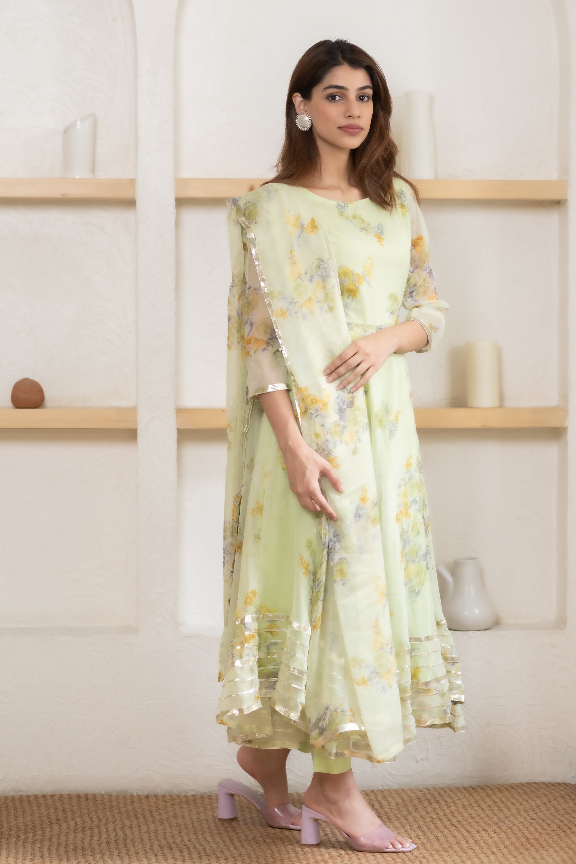 Women's Floral Printed Lime Green Suit Set