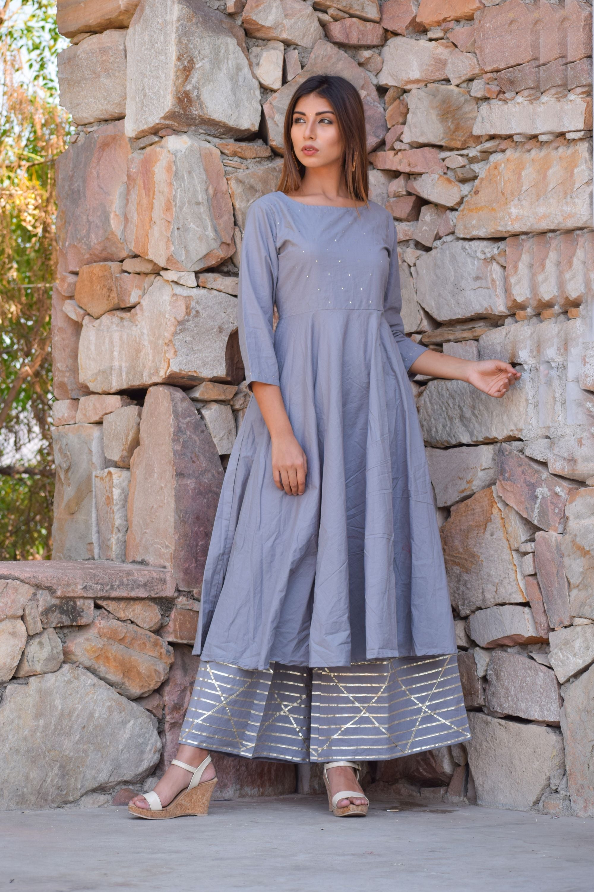Women's Grey   Gota Anarkali Kurta Palazzo And Dupatta Set