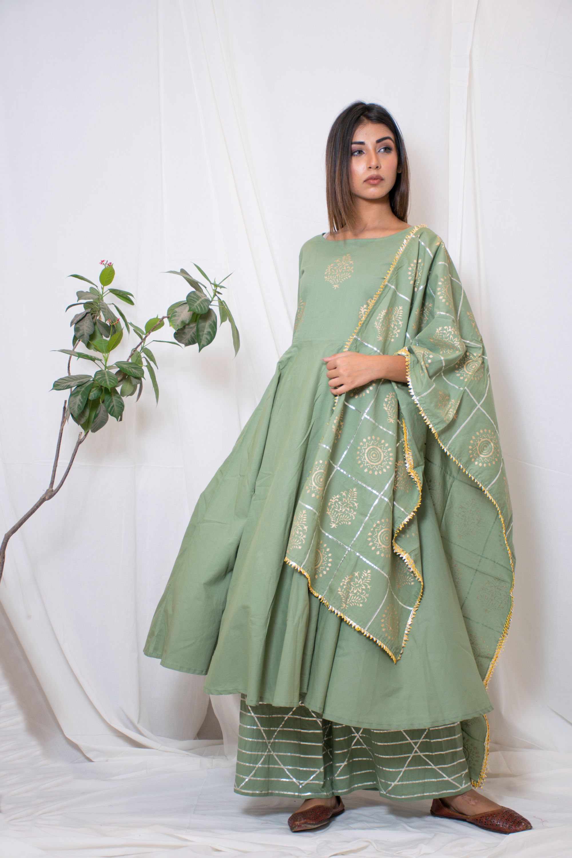 Women's Green Anarkali Suit Set With Palazzo & Dupatta (3Pc Set)