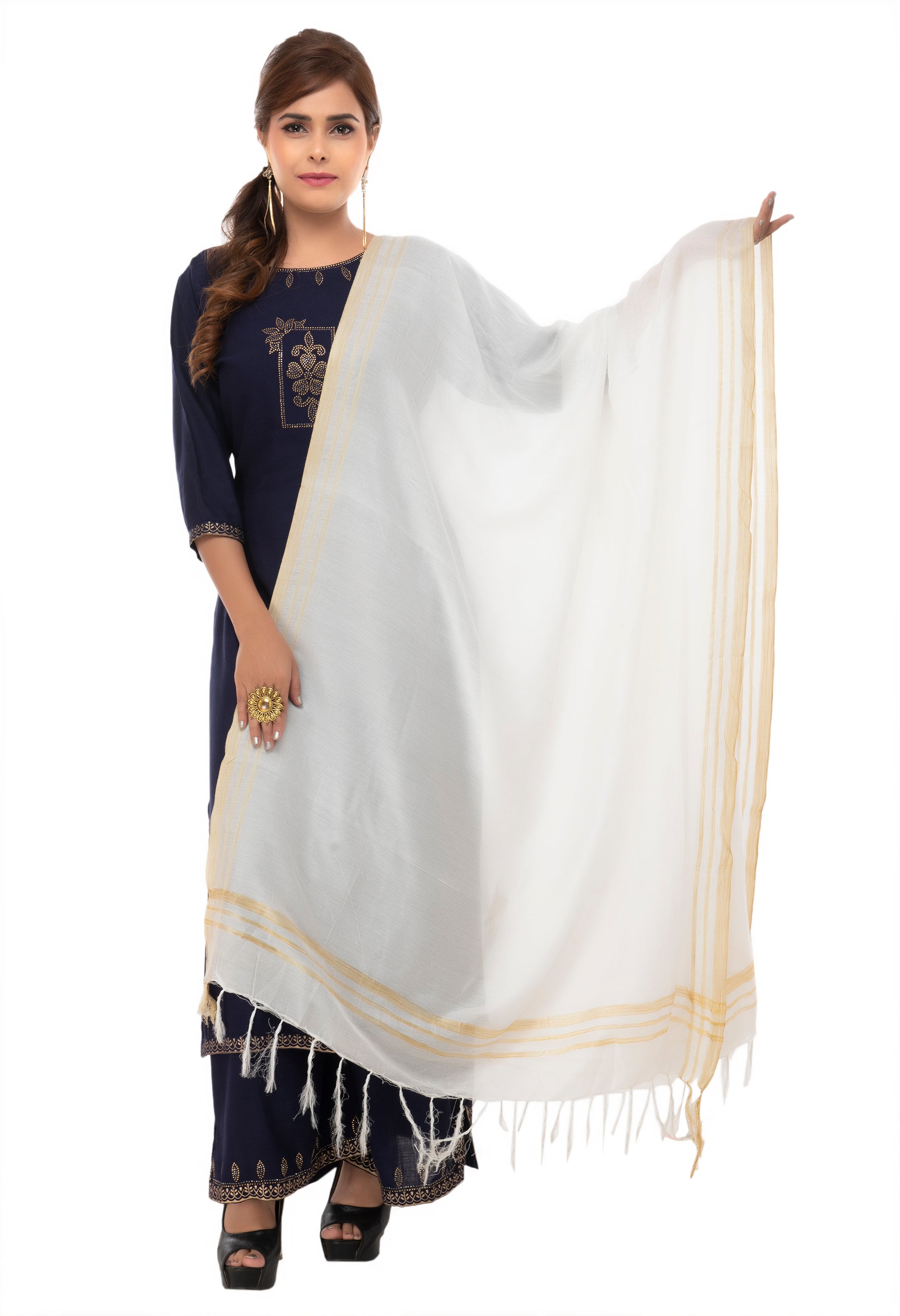 Women's White Color Golden Border Cotton Dupatta
