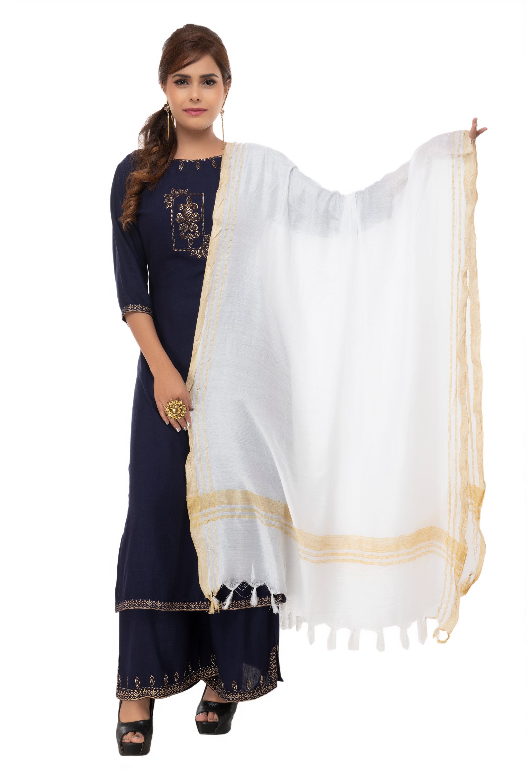 Women's Off White Color Golden Border Cotton Dupatta