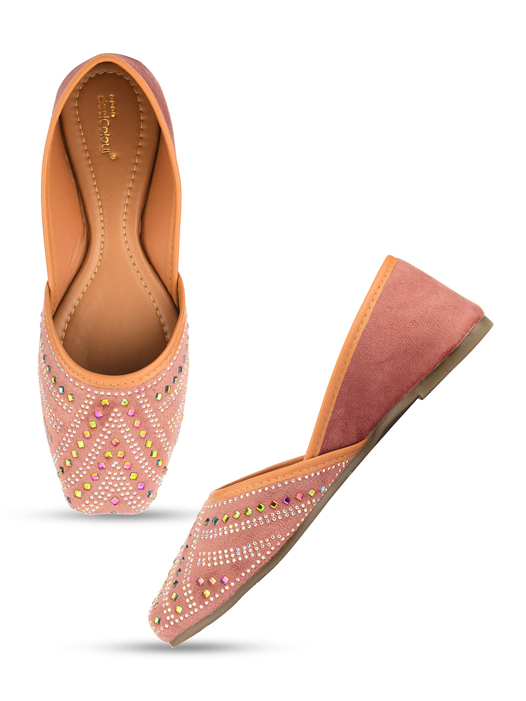 Women's Peach Handcrafted Stone Work  Indian Ethnic Comfort Footwear