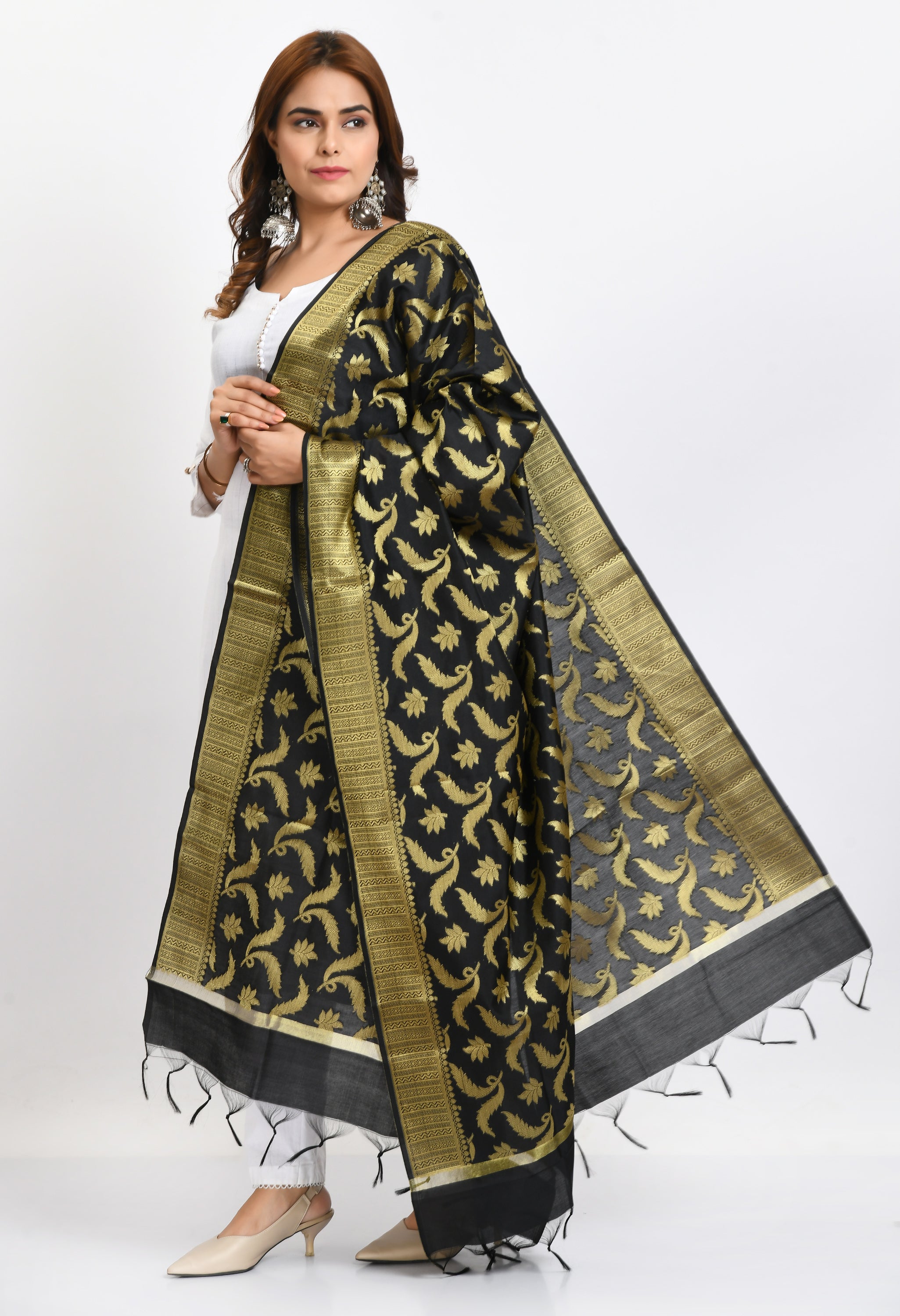 Women's Banarsi Silk Floral Woven Design Black Dupatta
