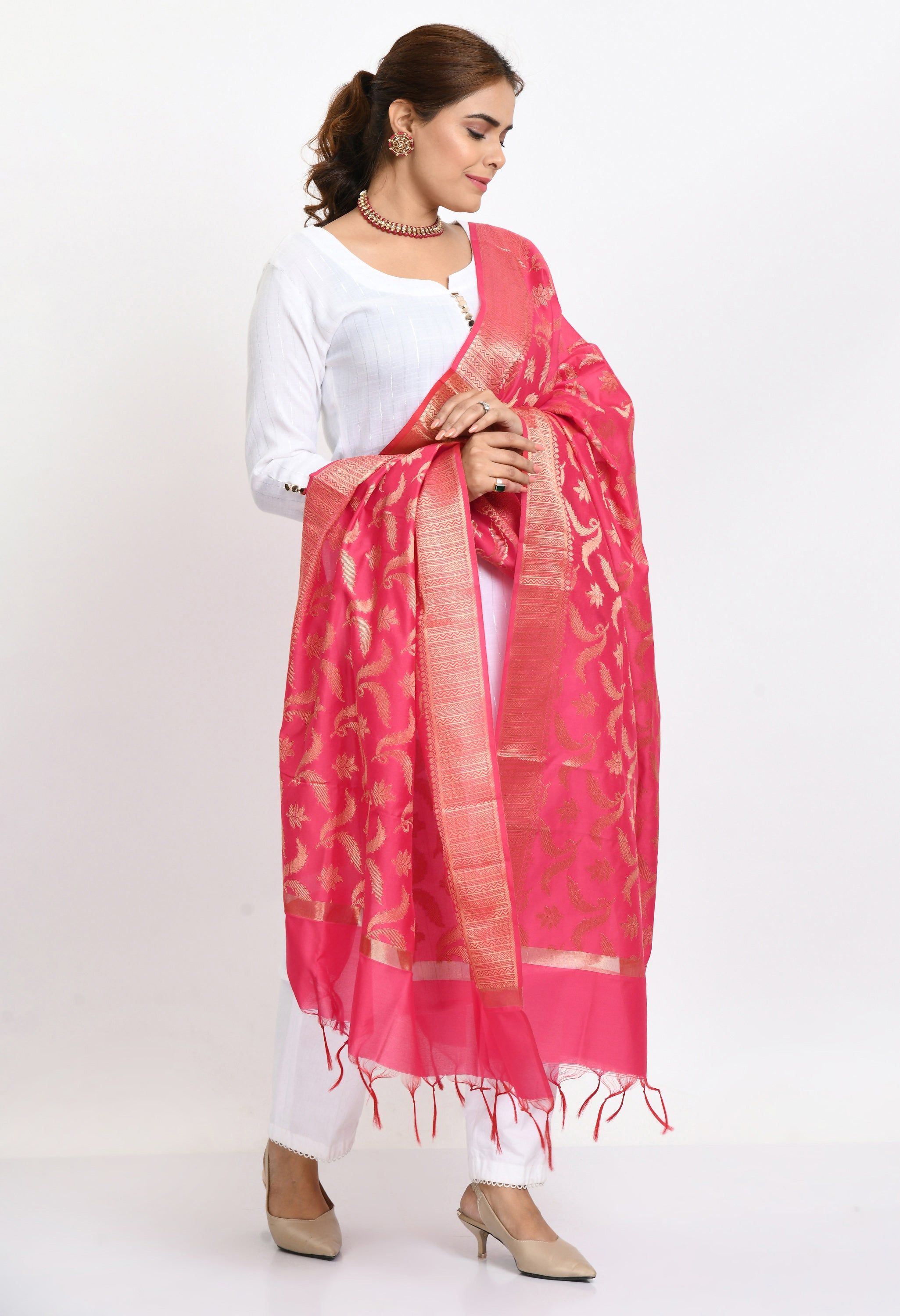 Women's Banarsi Silk Floral Woven Design Pink Dupatta
