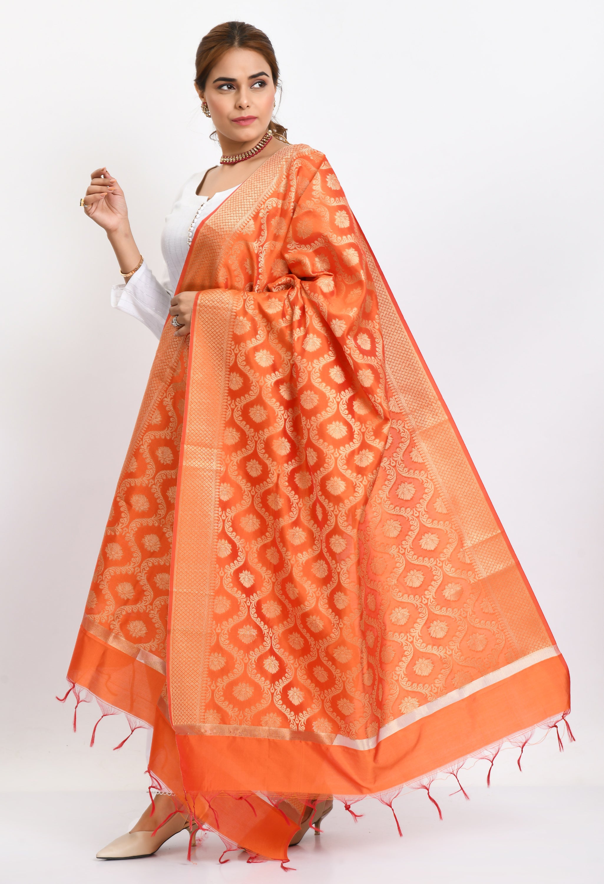 Women's Banarsi Silk All Over  Woven Design Orange Dupatta