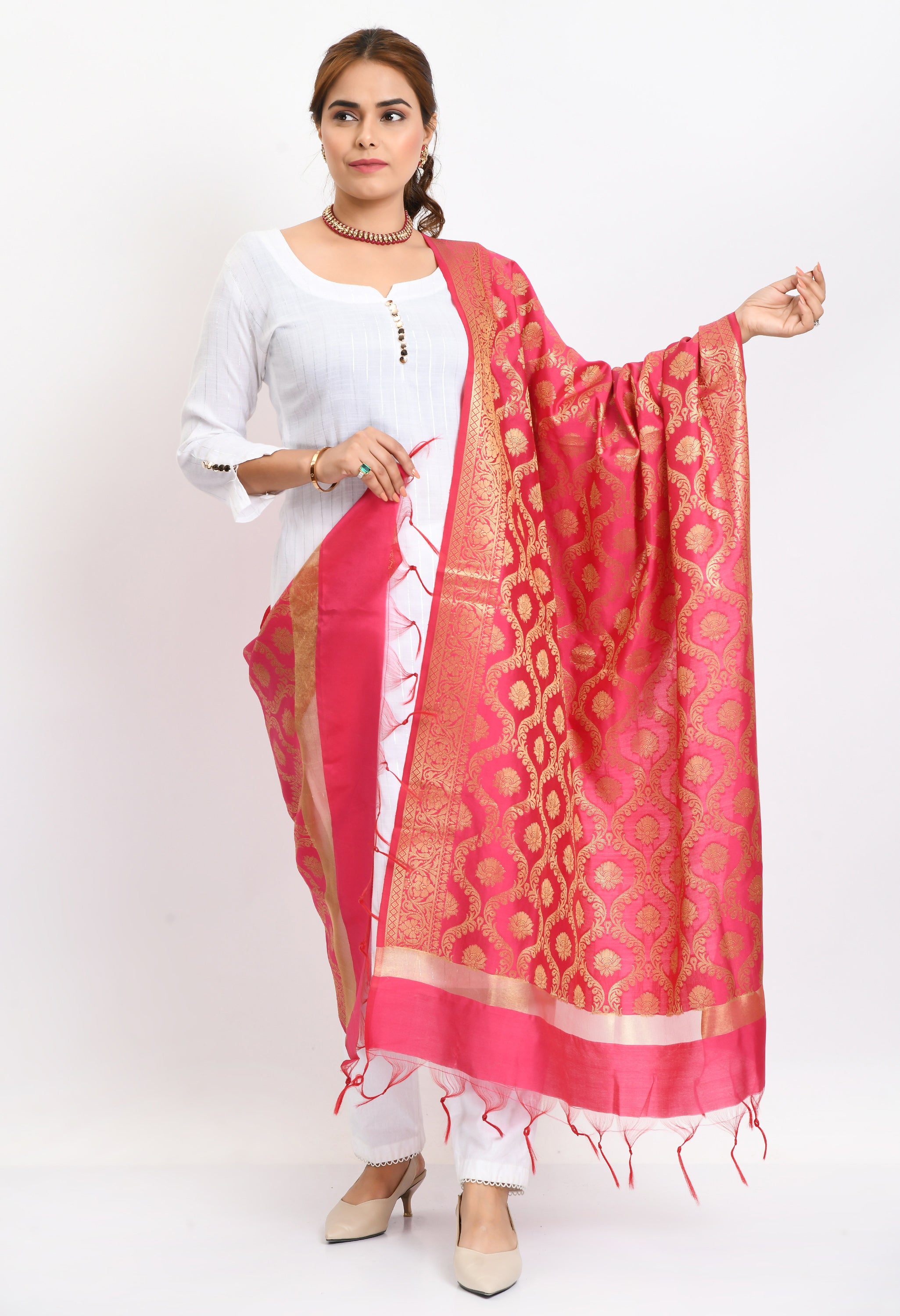 Women's Banarsi Silk All Over  Woven Design Pink Dupatta