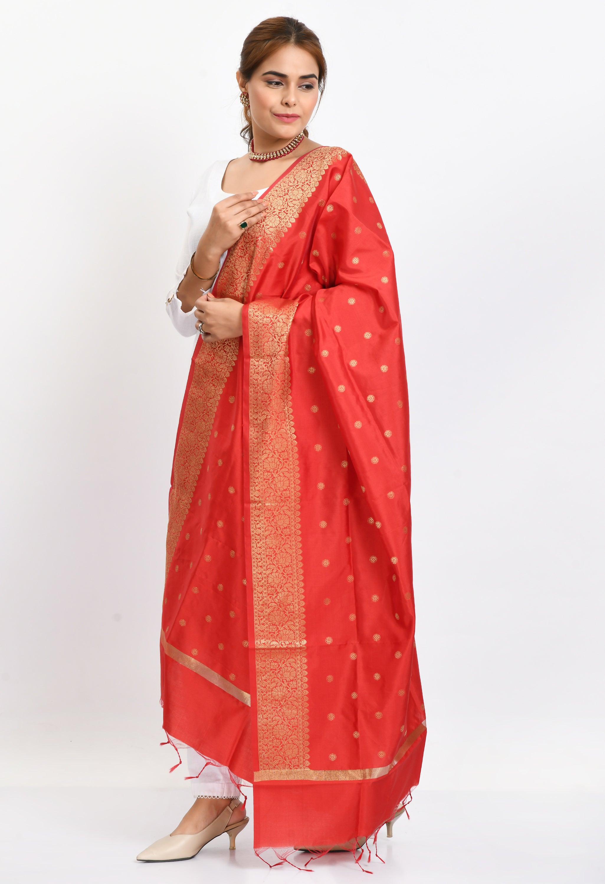 Women's Banarsi Silk Woven Design Red Dupatta