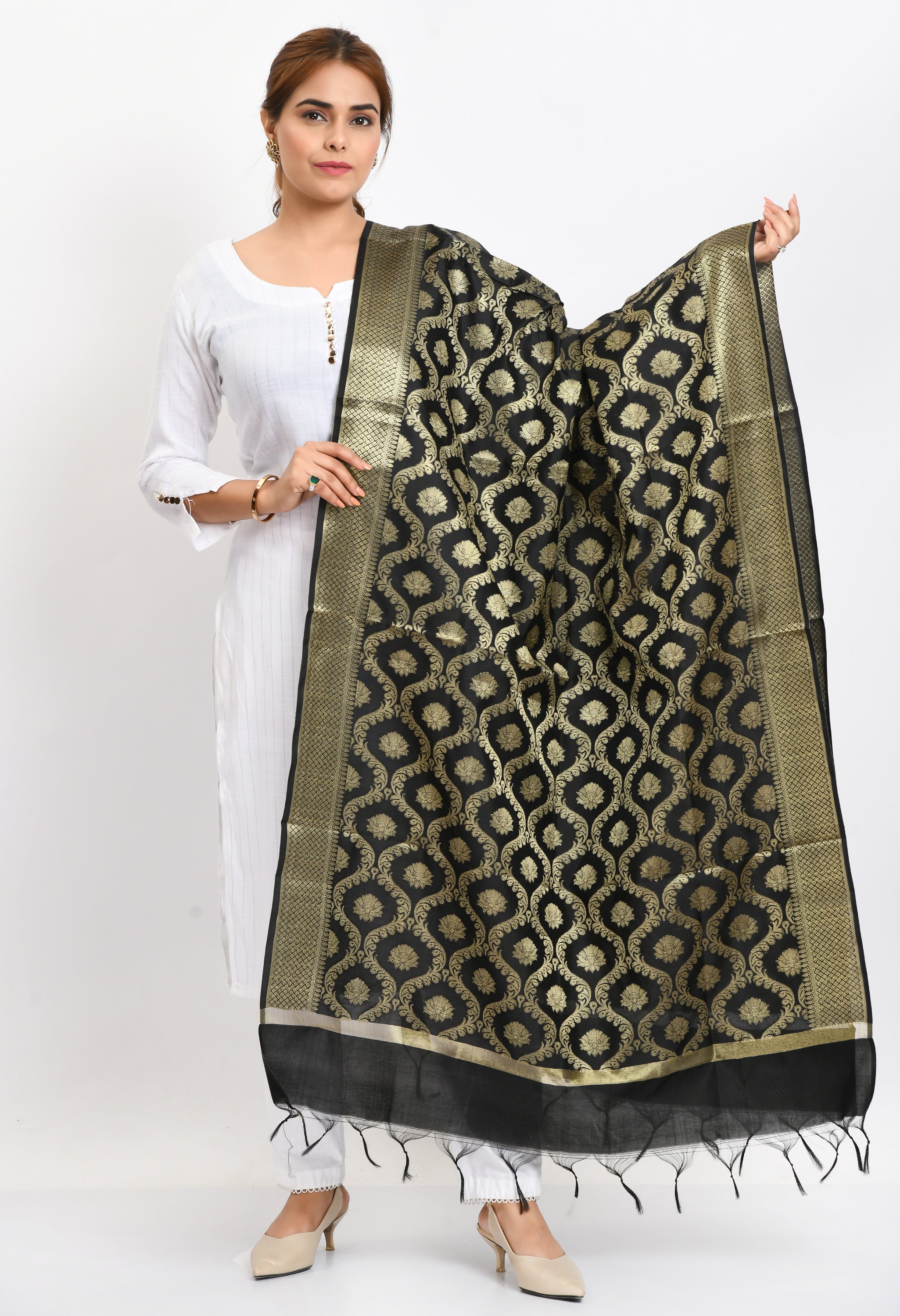 Women's Banarsi Silk All Over  Woven Design Black Dupatta
