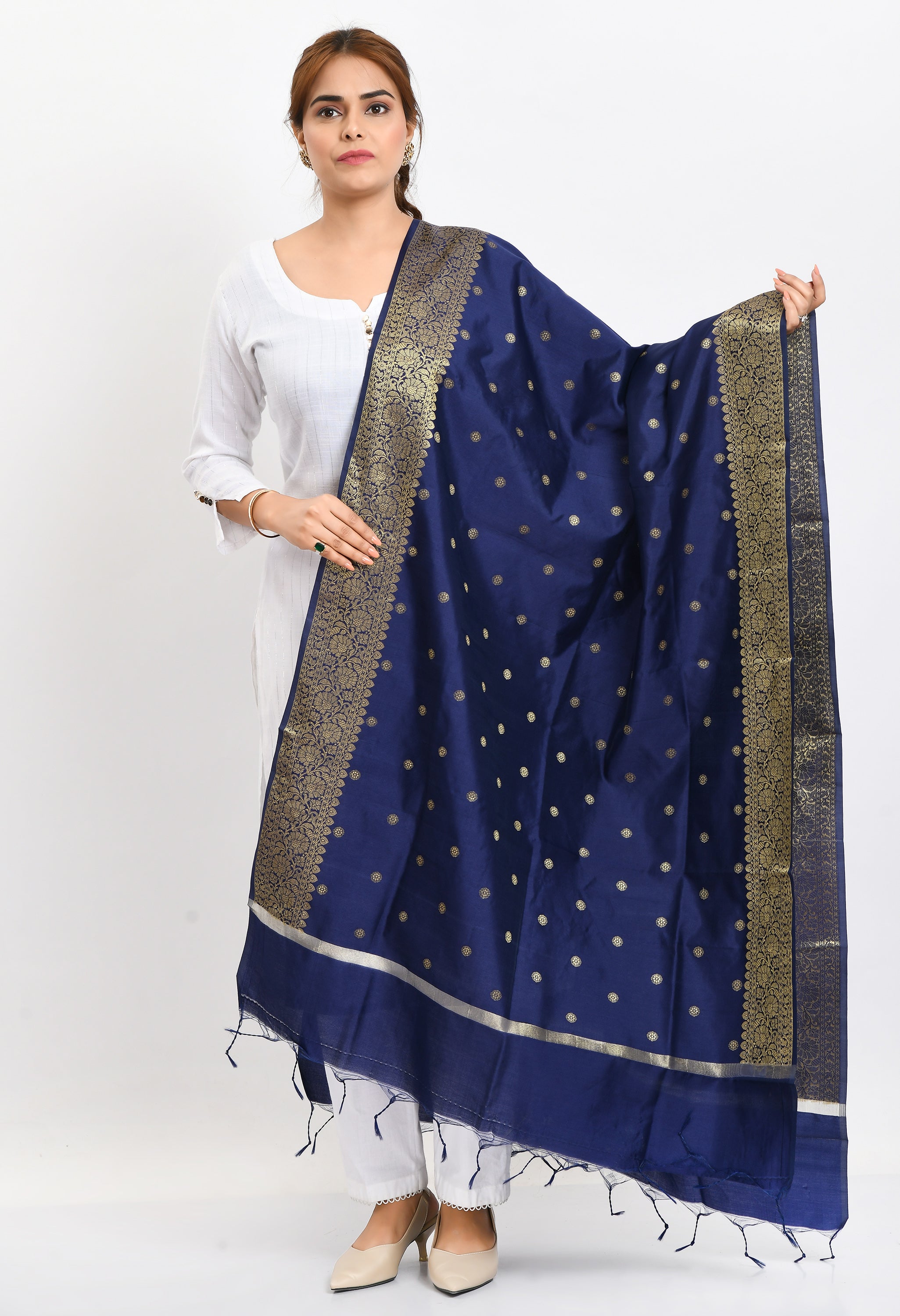 Women's Banarsi Silk Woven Design Navy Blue Dupatta