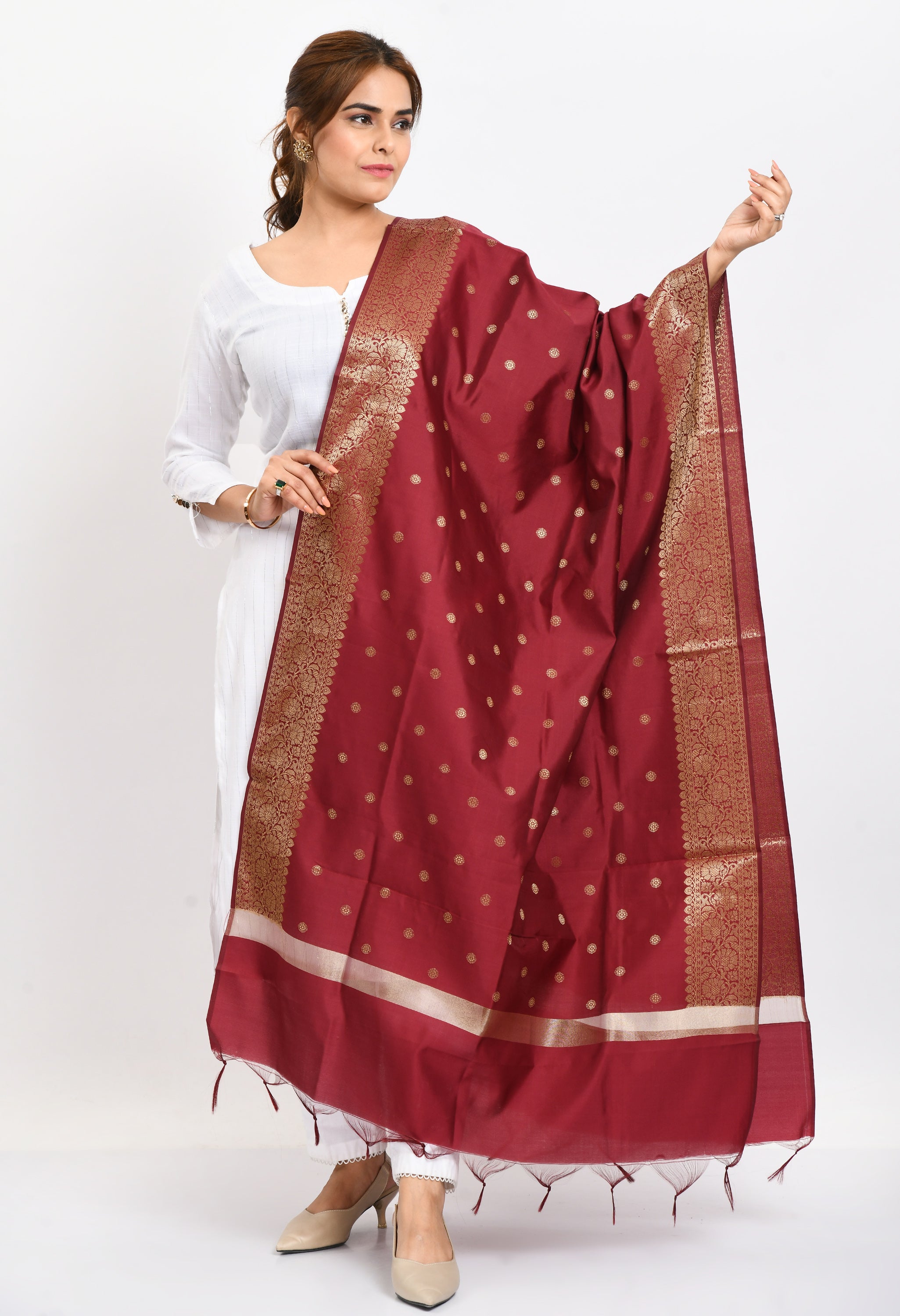 Women's Banarsi Silk Woven Design Maroon Dupatta