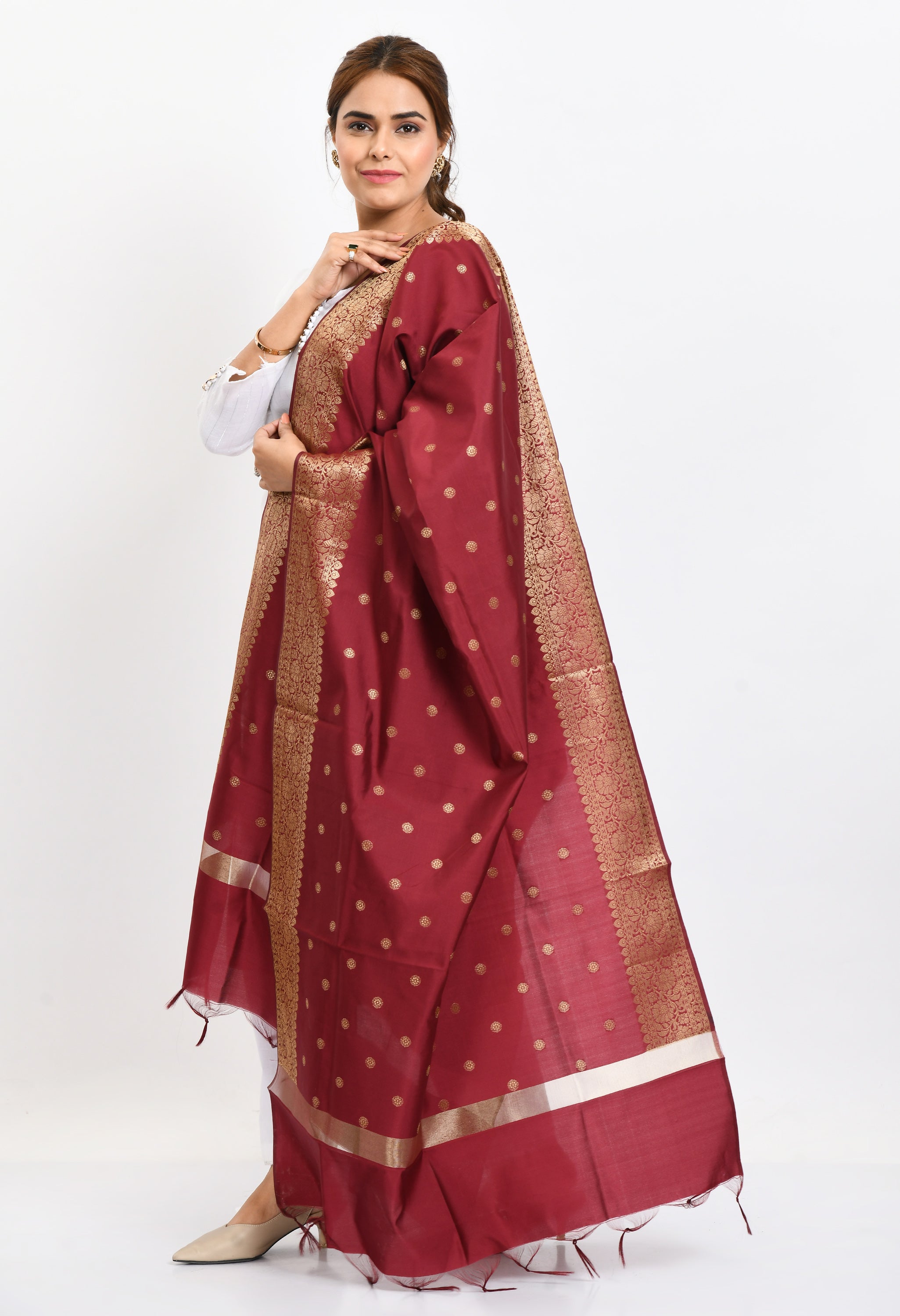 Women's Banarsi Silk Woven Design Maroon Dupatta