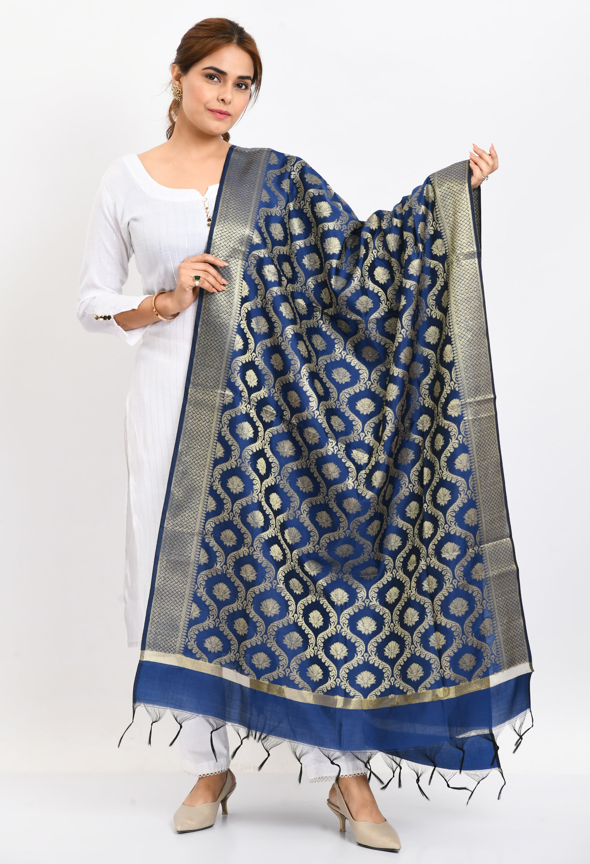 Women's Banarsi Silk All Over  Woven Design Navy Blue Dupatta