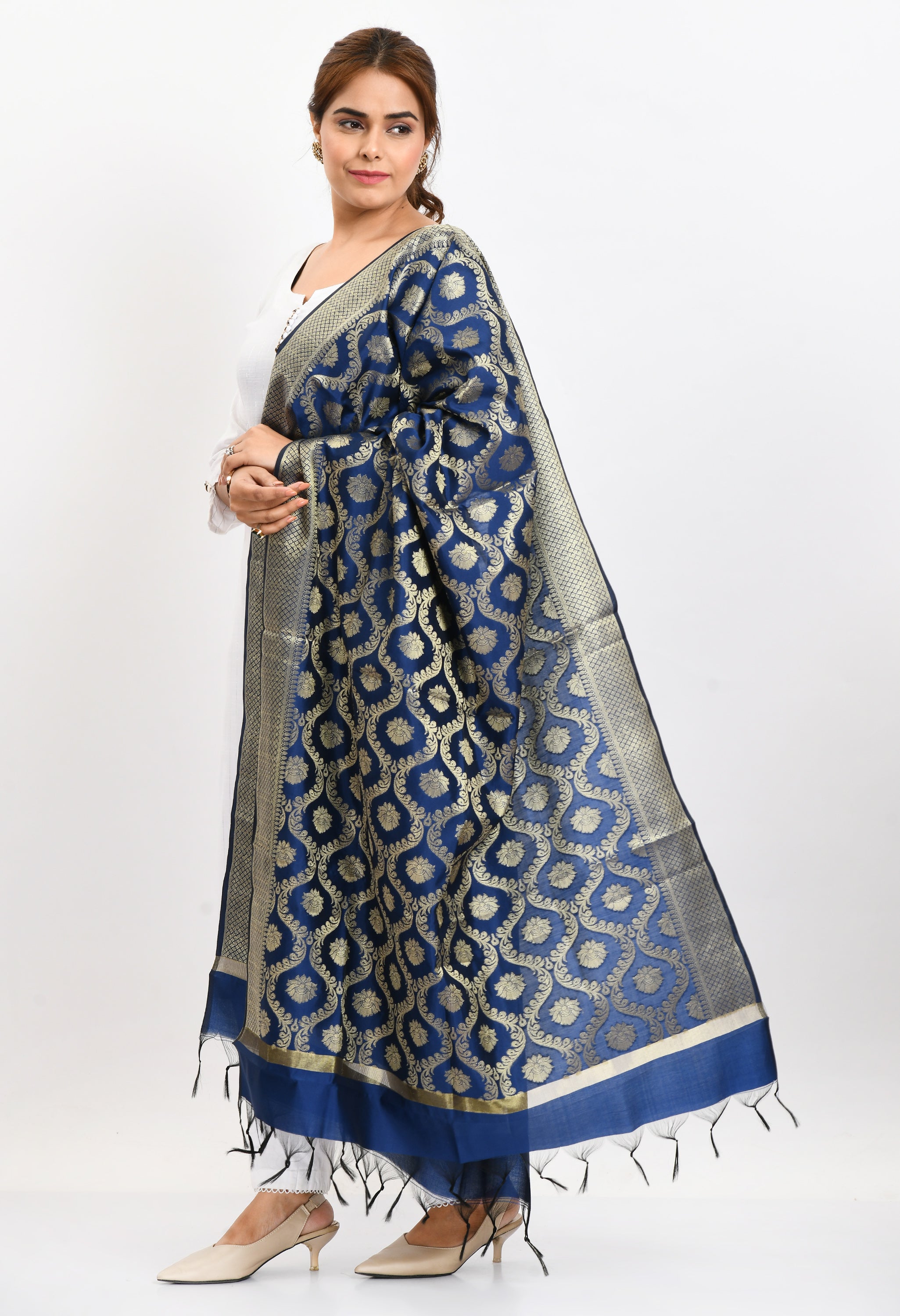 Women's Banarsi Silk All Over  Woven Design Navy Blue Dupatta