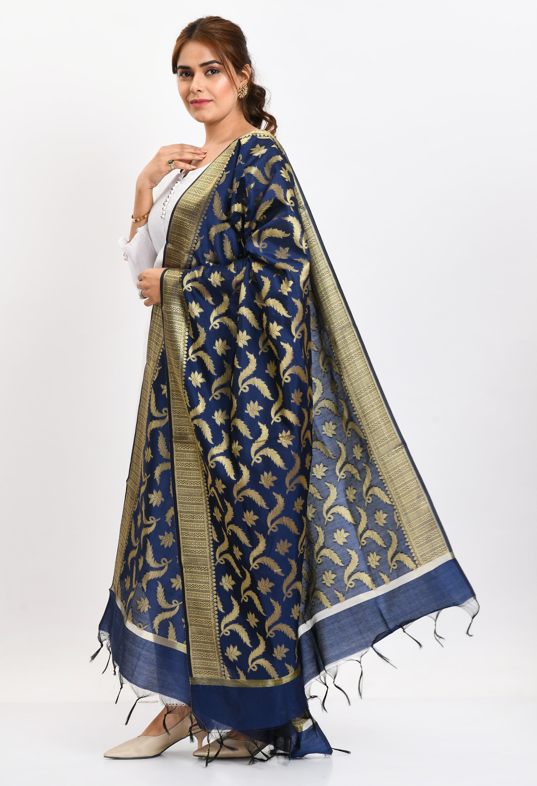 Women's Banarsi Silk Floral Woven Design Navy Blue Dupatta