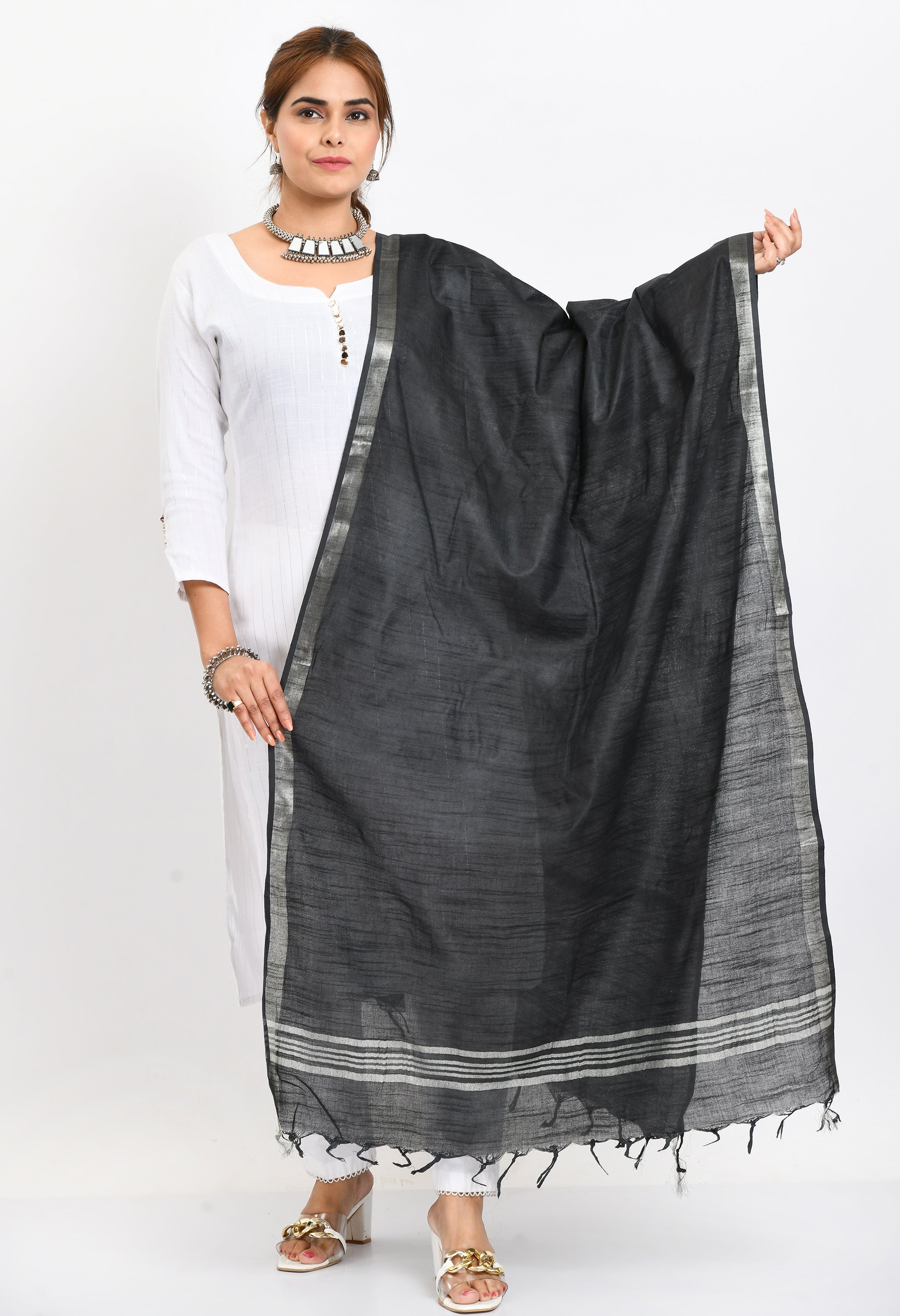 Women's Linen Cotton Silver Border Black Dupatta
