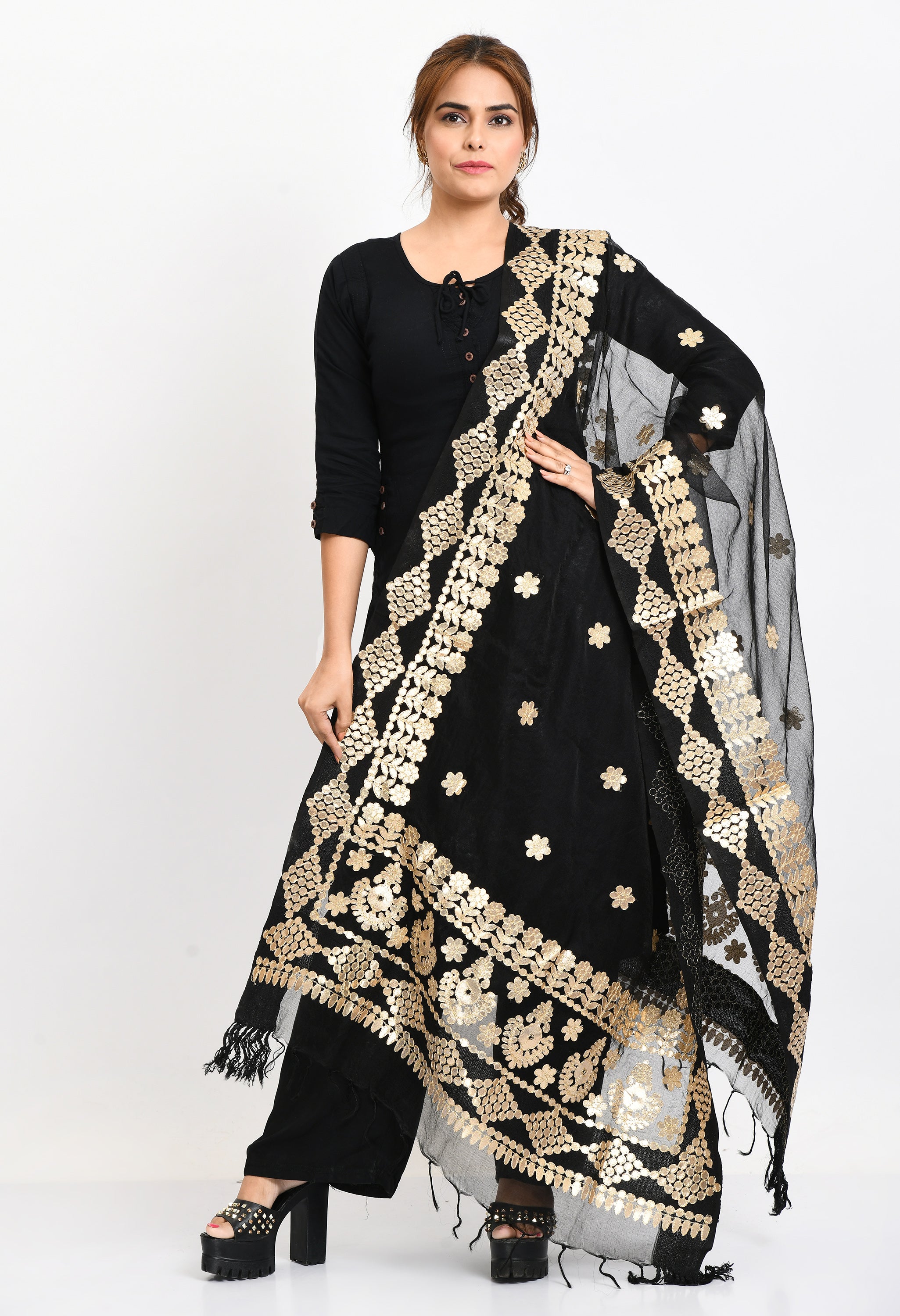 Women's Organza Gotta Patti Bridal Dupatta Black Dupatta