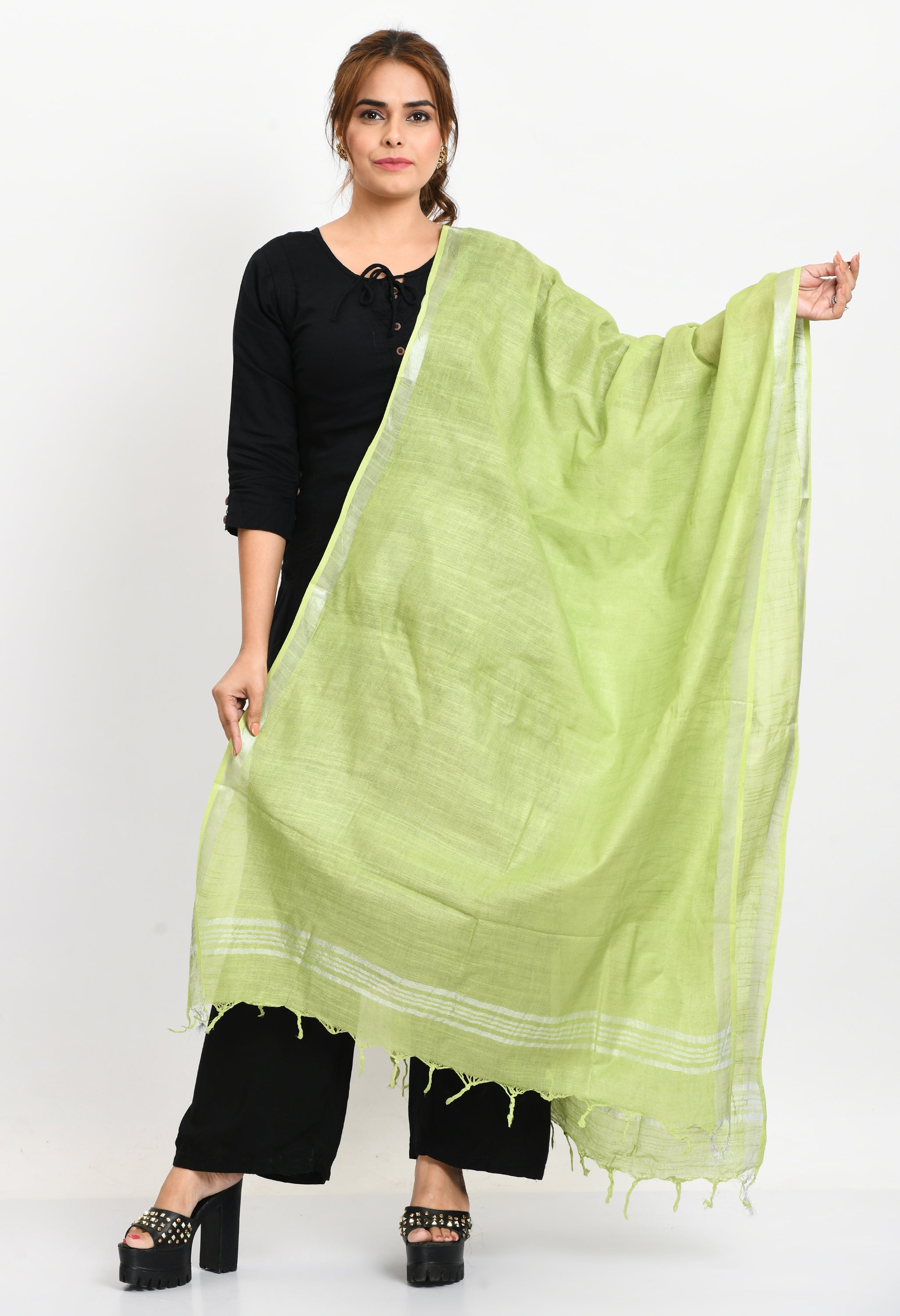 Women's Linen Cotton Silver Border Parrot Green Dupatta