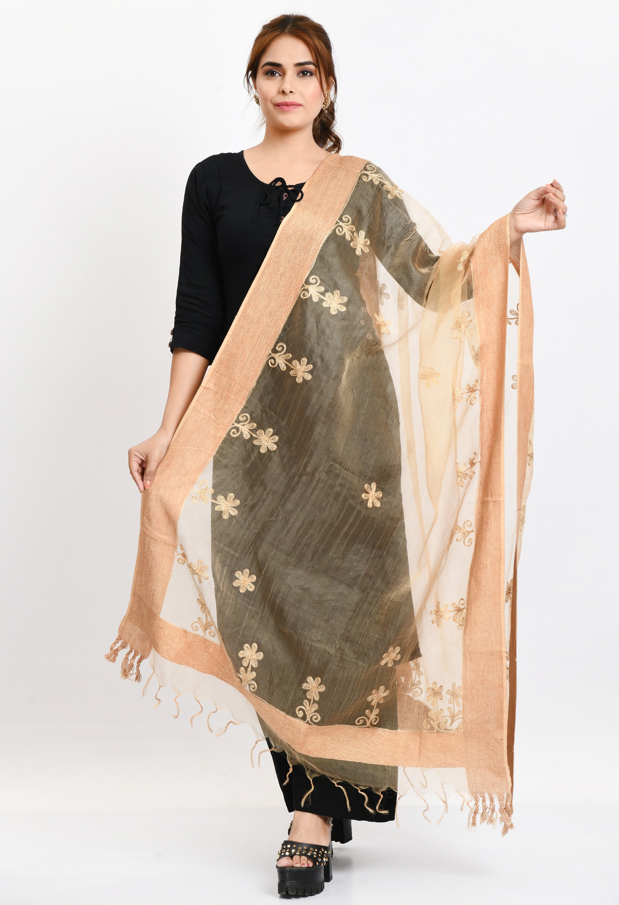 Women's Orgenza All Over Chikan Work Golden Dupatta