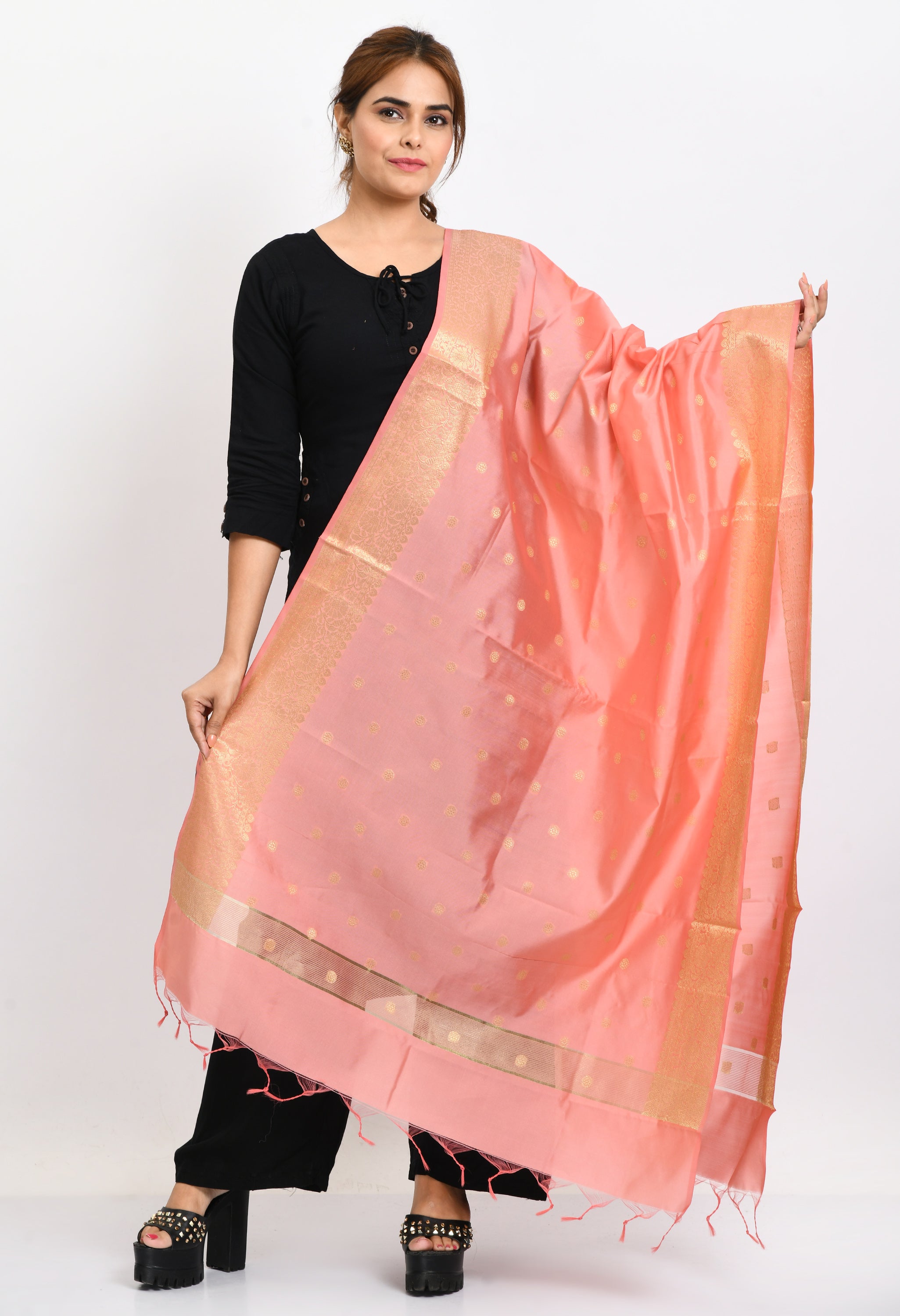 Women's Banarsi Silk Woven Design Baby Pink Dupatta