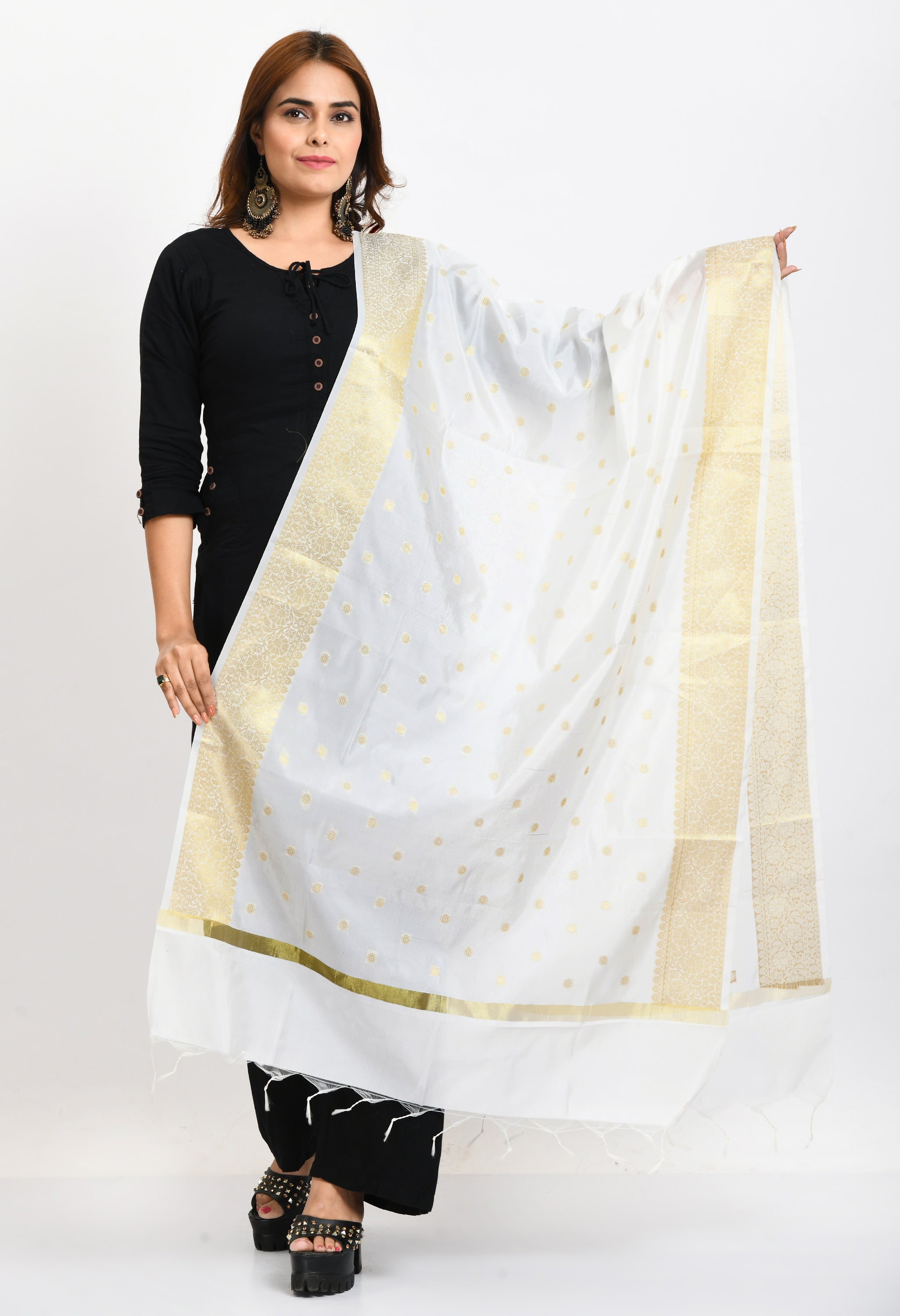 Women's Banarsi Silk Woven Design White Dupatta