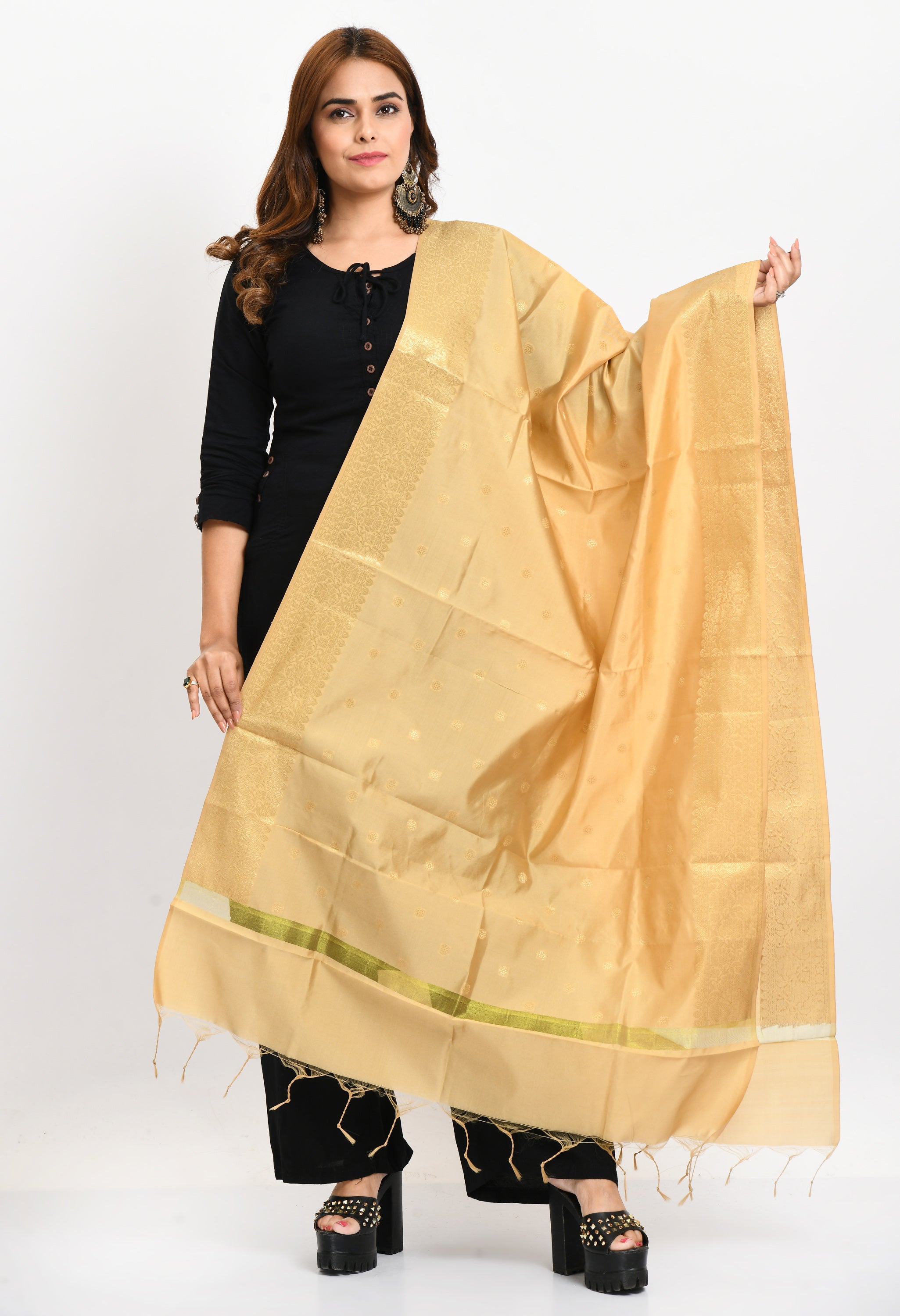 Women's Banarsi Silk Woven Design Golden Dupatta