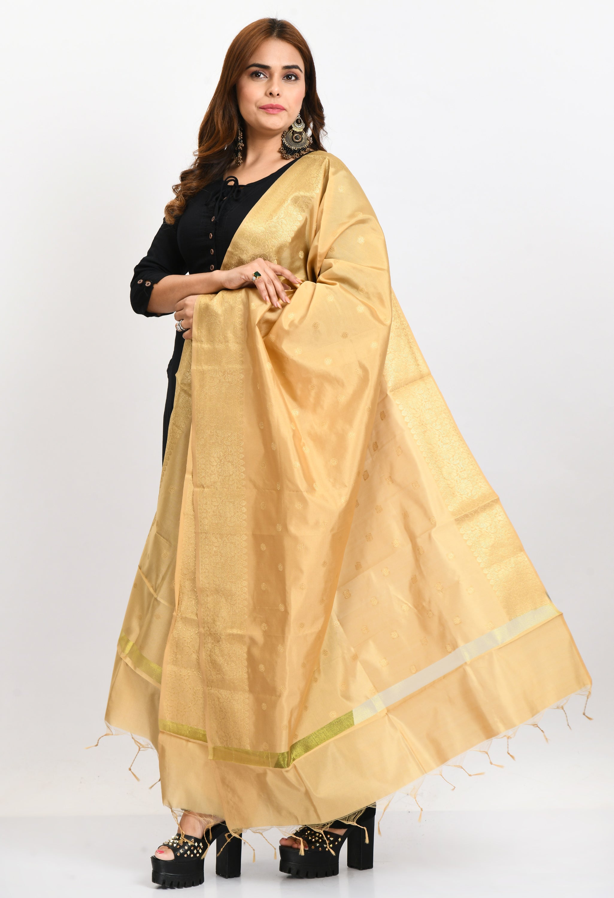 Women's Banarsi Silk Woven Design Golden Dupatta