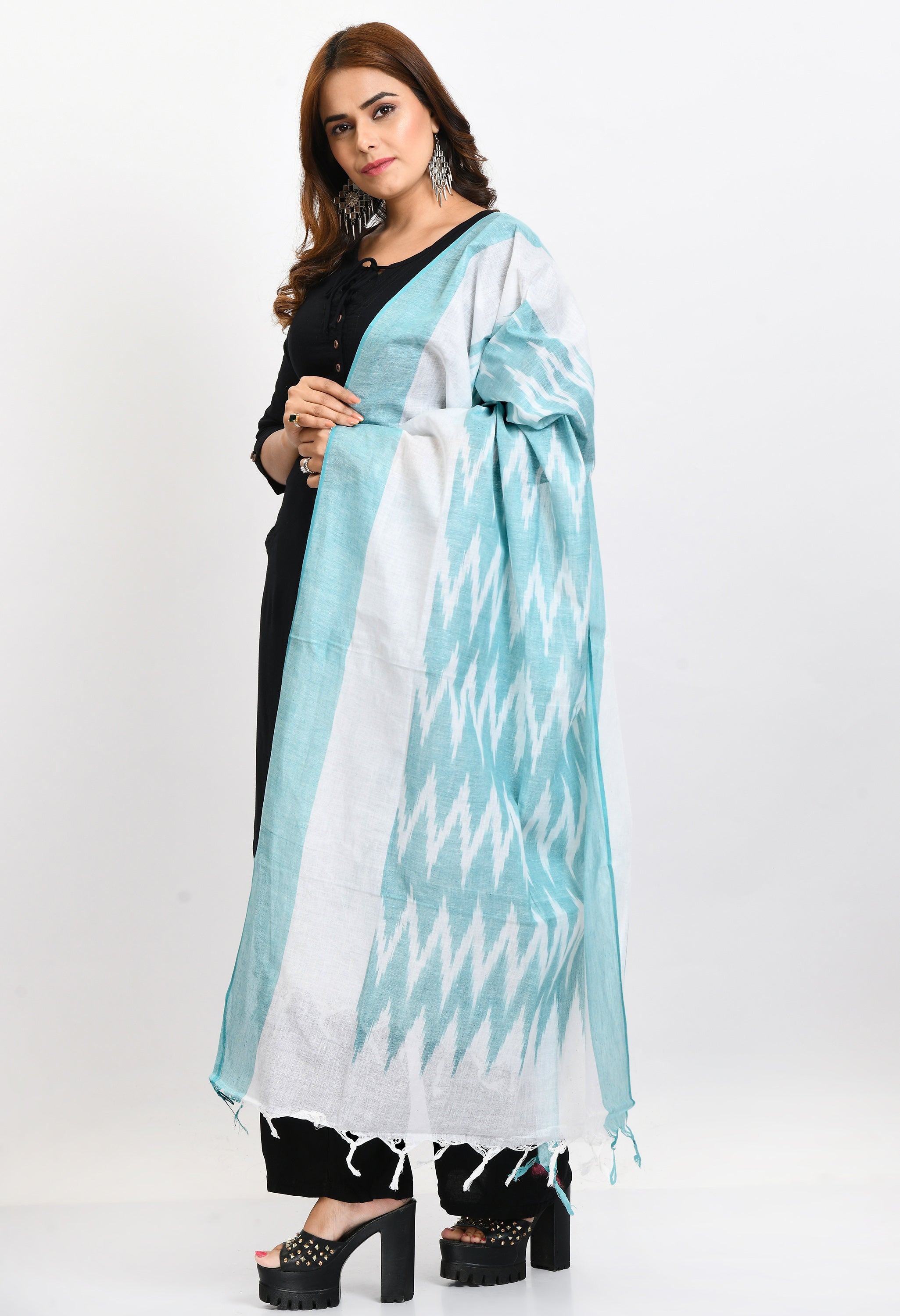 Women's Handloom Cotton Ikkat Sea Green Dupatta