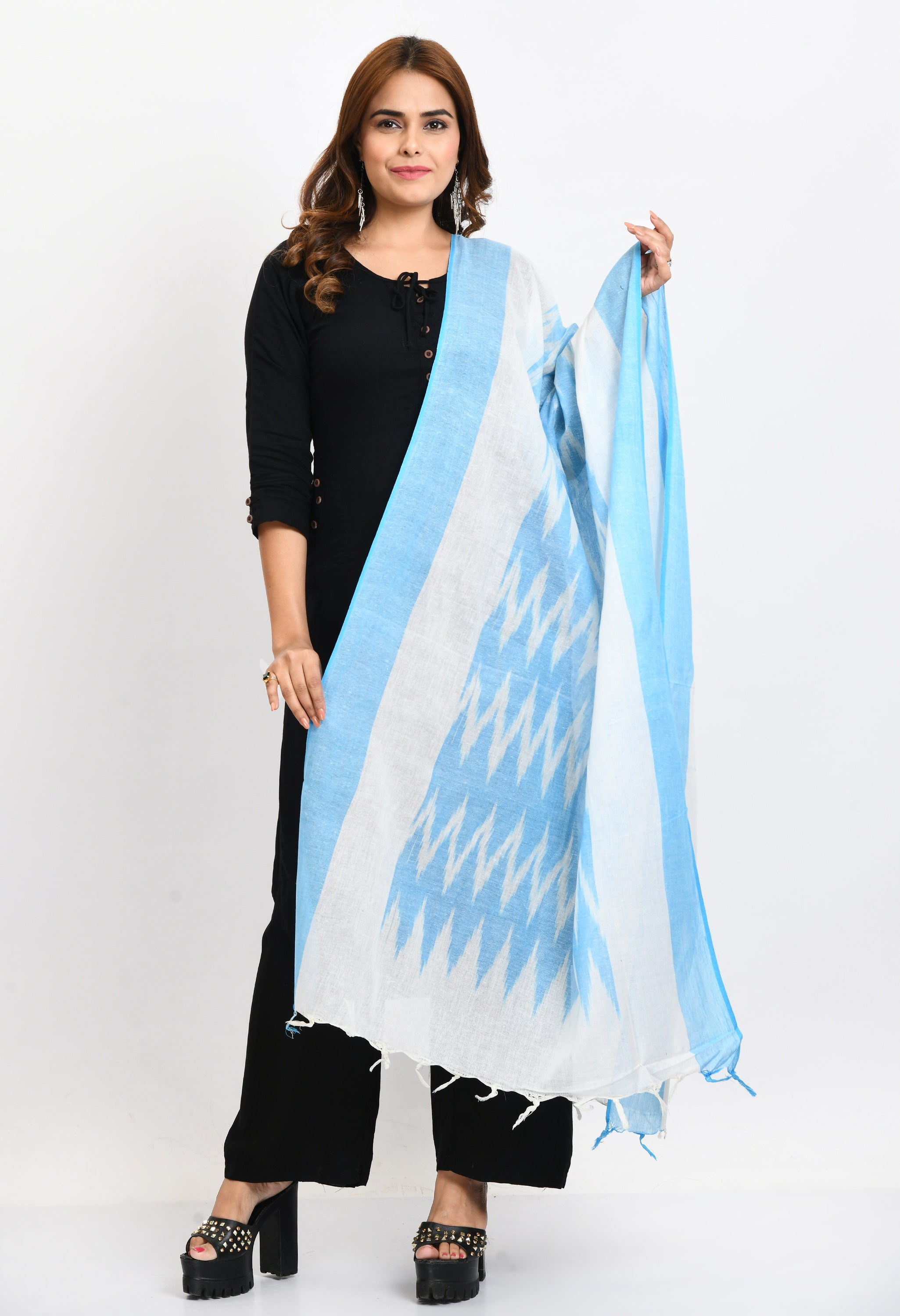 Women's Handloom Cotton Ikkat Sky Blue Dupatta