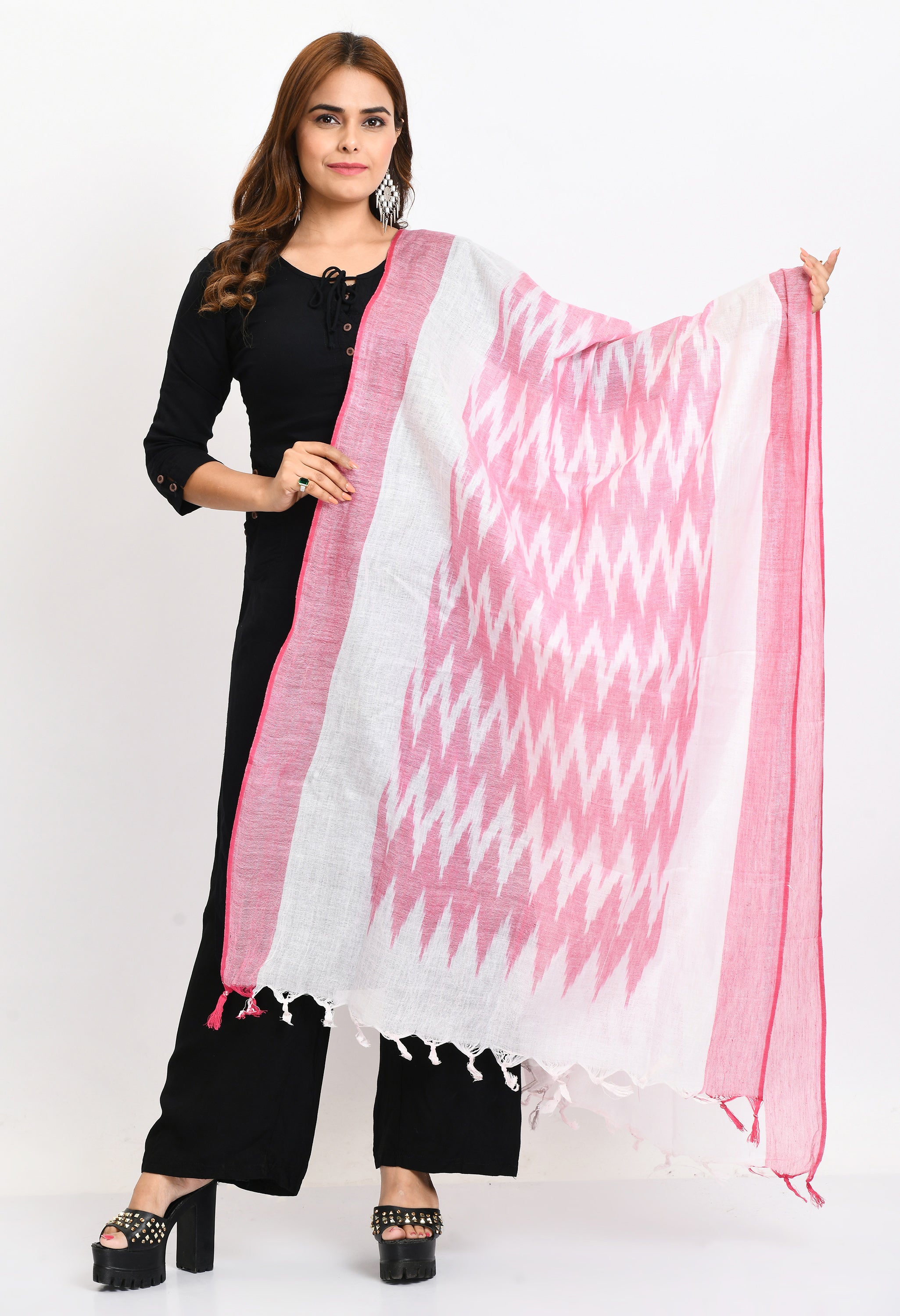 Women's Handloom Cotton Ikkat Baby Pink Dupatta