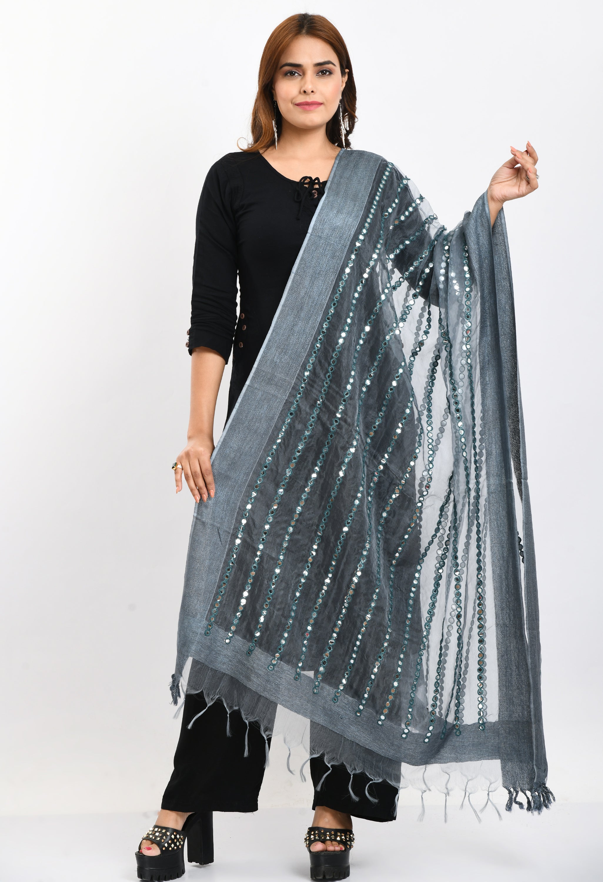 Women's Orgenza Mirror Stripe Thread Work Grey Dupatta