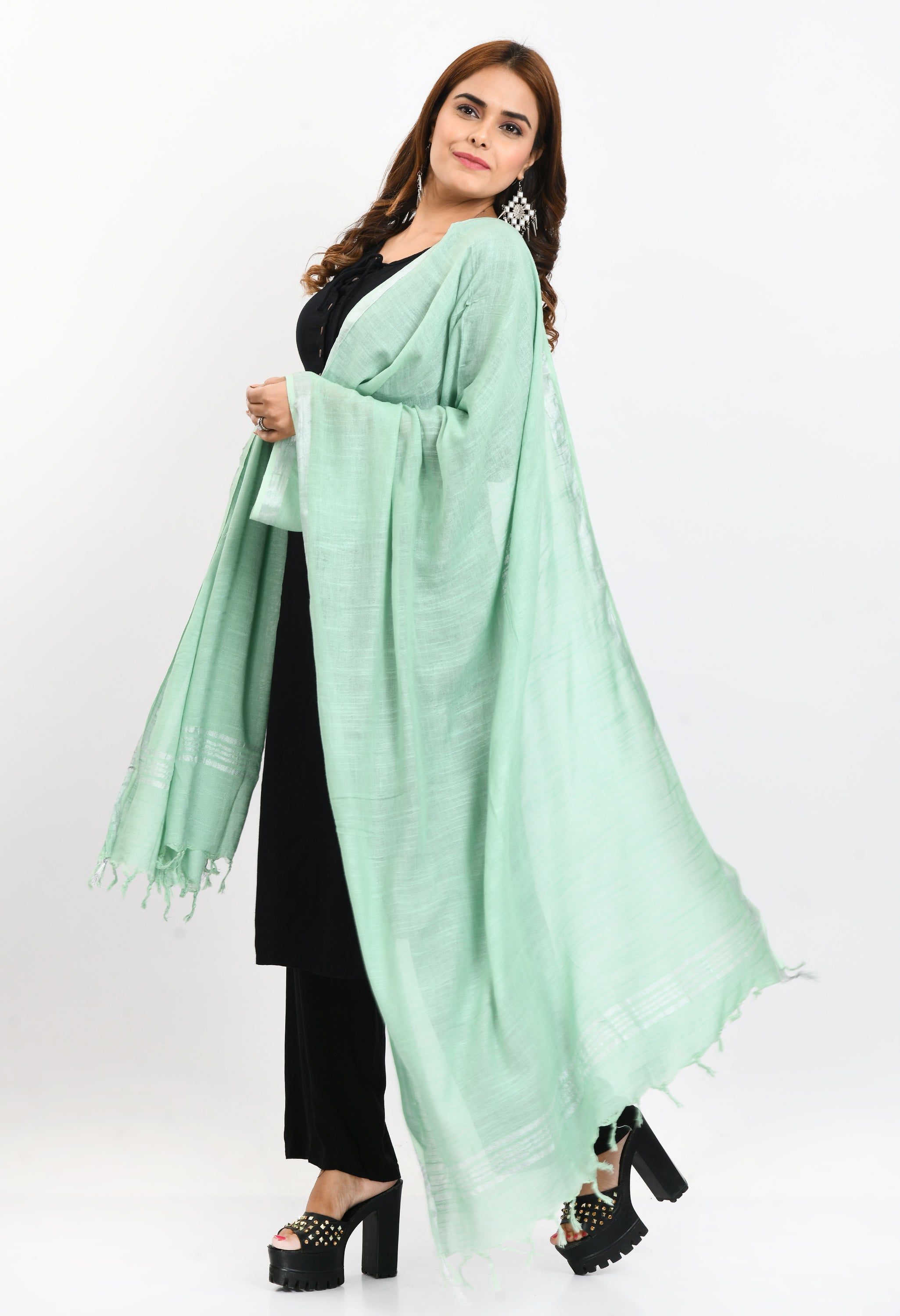 Women's Linen Cotton Silver Border Pista Green Dupatta