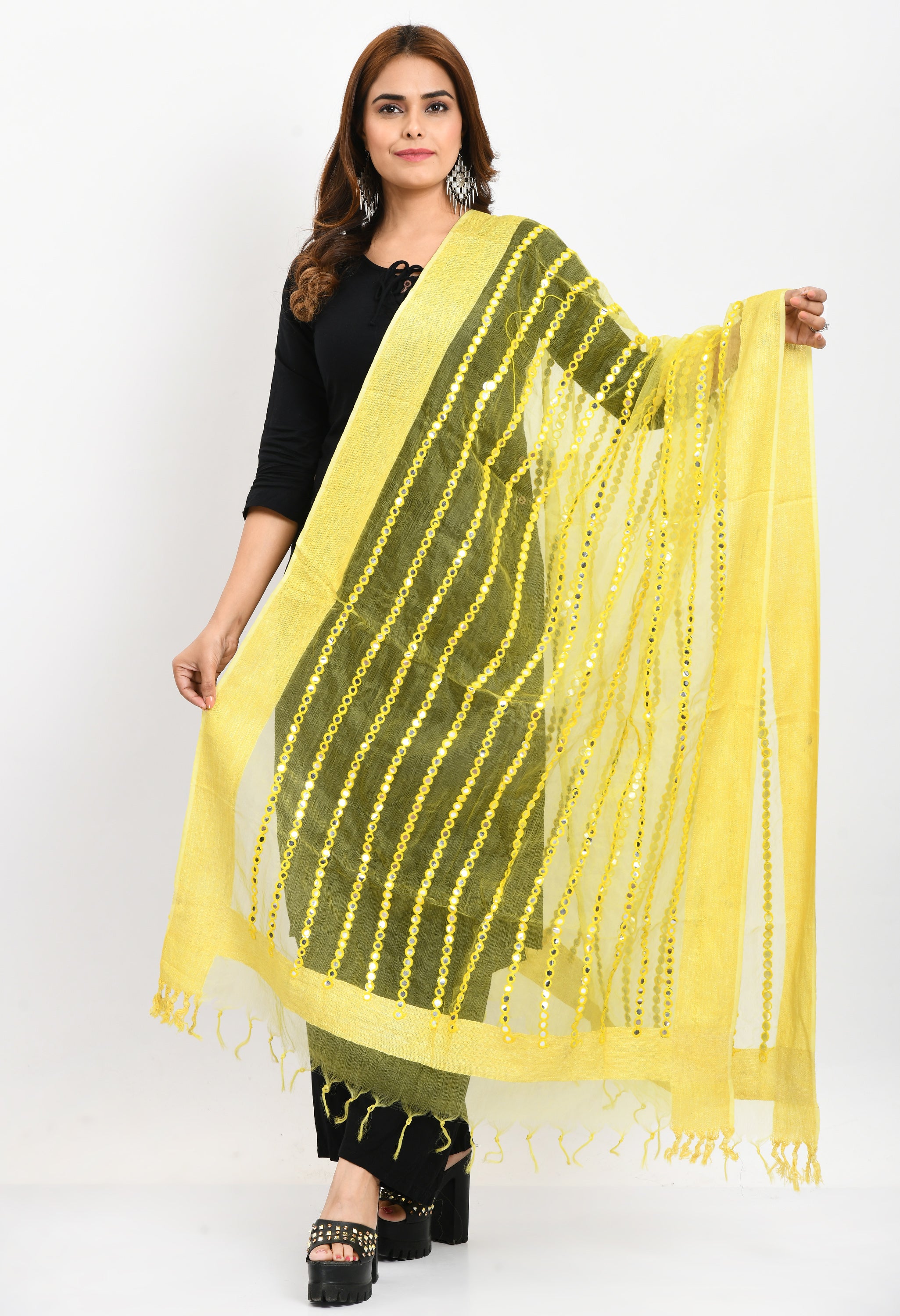 Women's Orgenza Mirror Stripe Thread Work Lemon Yellow Dupatta